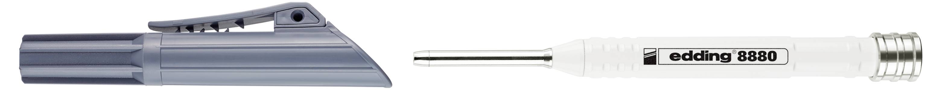 Zwei Stifte nebeneinander dargestellt: ein grauer Stift mit Kappe auf der linken Seite und ein weißer Edding 8880 Stift mit einer Metallspitze auf der rechten Seite.
