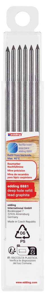 Eine Packung mit sechs schwarzen Minen von edding, Stärke 0,7 mm, ideal für technisches Zeichnen. Die Verpackung zeigt das FSC-Recycling-Logo.
