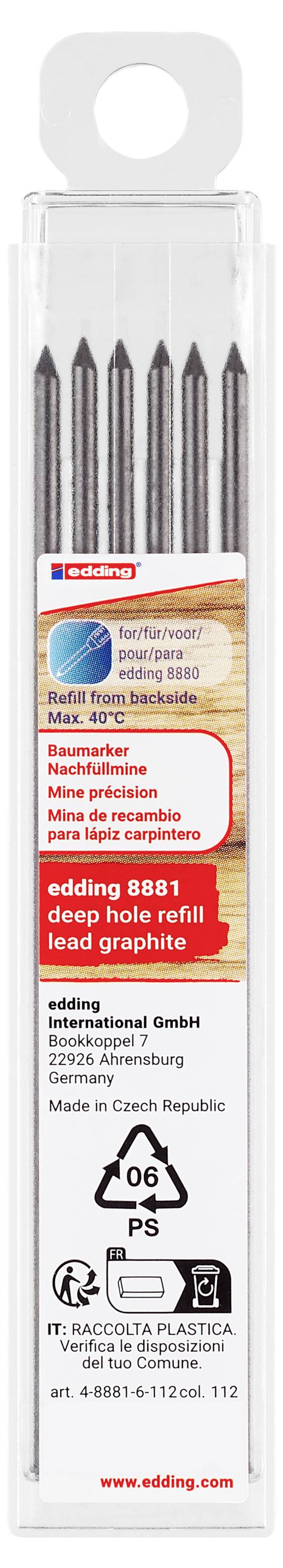 Edding Ersatz-Minenpackung mit sechs schwarzen 2-mm-Minen in einer durchsichtigen Kunststoffbox, gekennzeichnet für edding 8881 Bau- und Markier- und Spitzer-Nachfüllung.