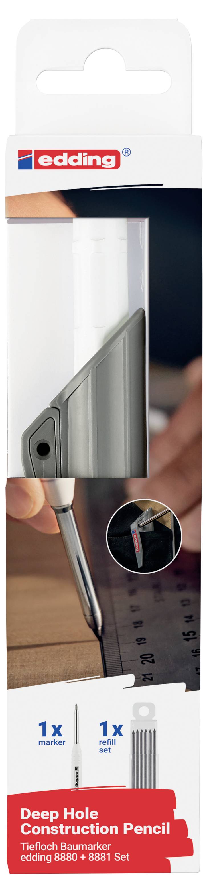 Verpackung für einen Edding Tiefbohr-Konstruktionsstift, mit Bild eines Handwerkers, der den Stift in einer engen Fuge verwendet, und einer Nahaufnahme der Markierungsspitze.