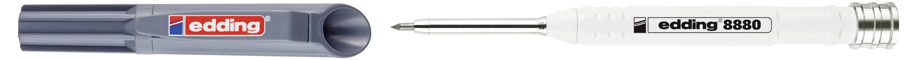 Zwei technische Stifte werden gezeigt: ein verschlossener dunkelgrauer edding-Stift und ein offener weißer edding 8880-Stift mit Metallenspitze.