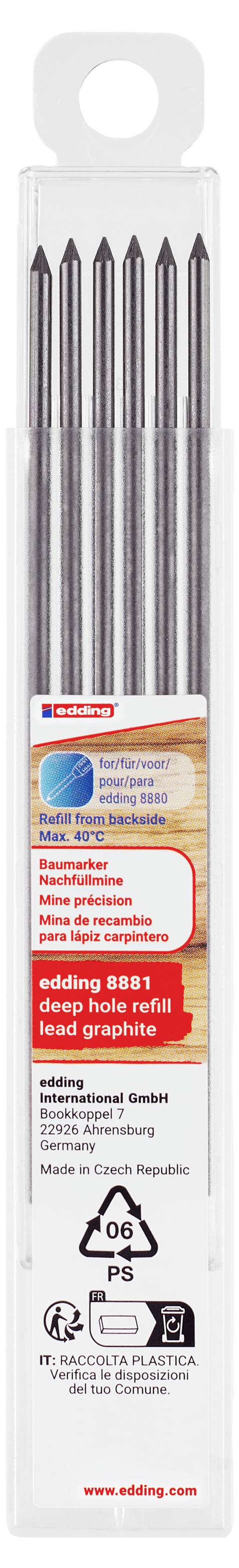 Packung mit sechs schwarzen Graphitstiften aus Graphen in einem transparenten Behälter mit orangefarbenem Etikett, auf dem HB 0,5 mm angegeben ist.