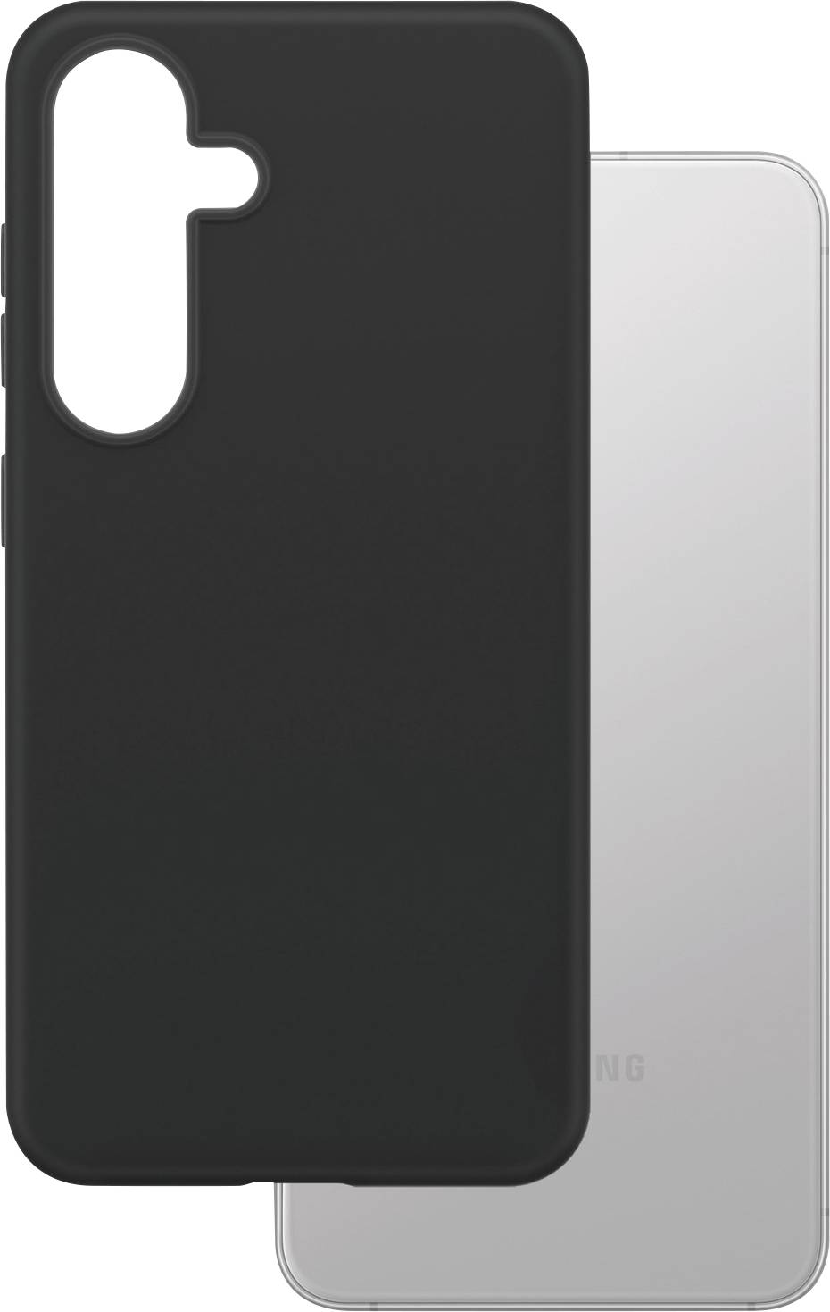 Schwarzes Handyhülle neben einem silbernen Smartphone, Rückansicht. Die Hülle ist für ein Gerät mit drei Kameralöchern vorgesehen.