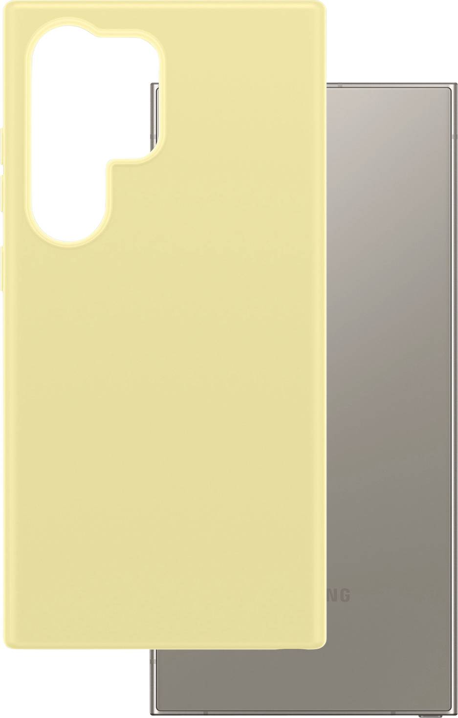 Ein gelbes Handy-Case, teilweise vor einem silbernen Smartphone platziert. Rückseite des Smartphones sichtbar; Gehäuse hebt Kameraöffnung hervor.