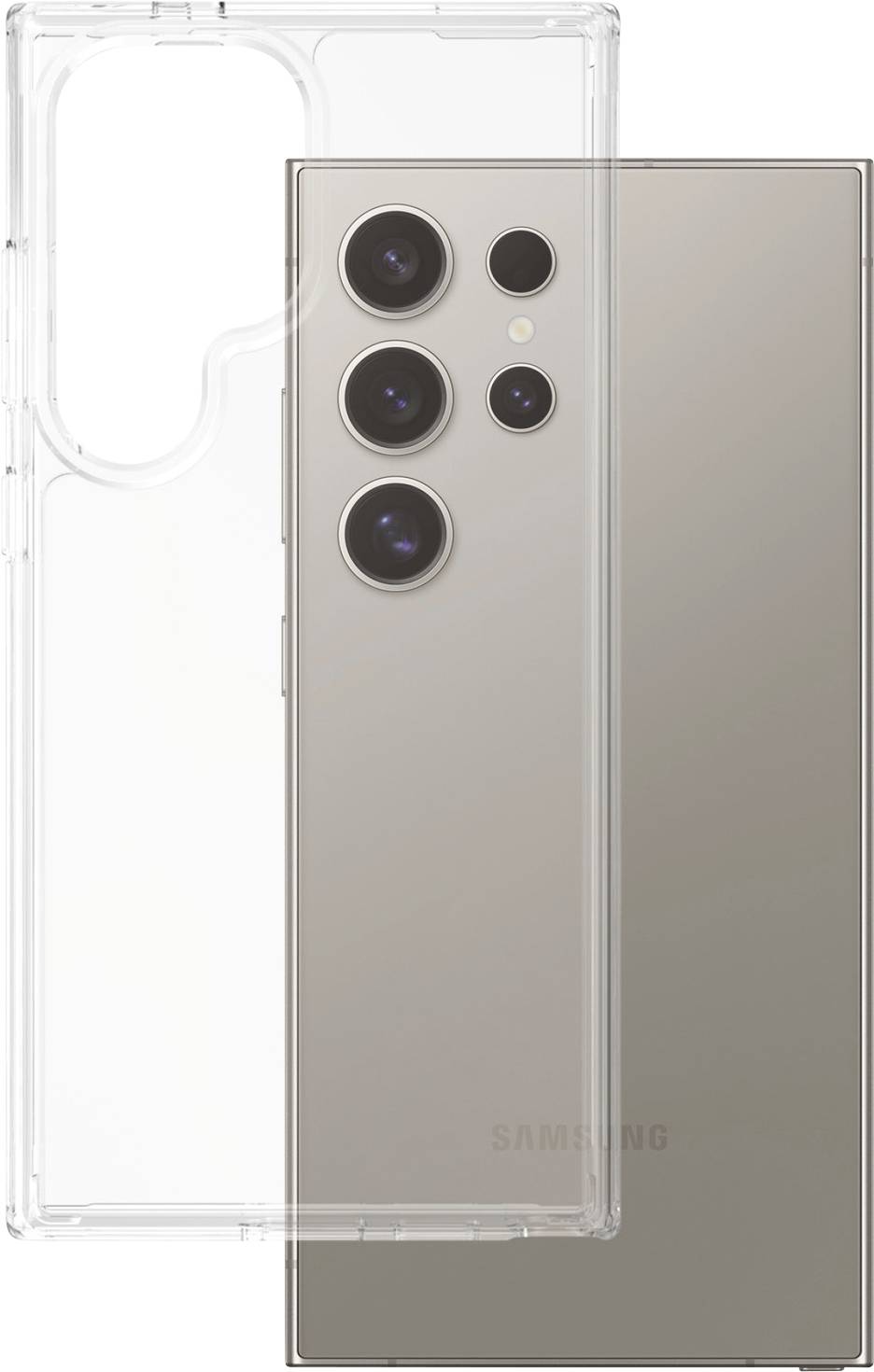 Smartphone mit vier Kameralinsen auf der Rückseite, transparentes Schutzgehäuse daneben. Modernes Design, Fokus auf Technologie.