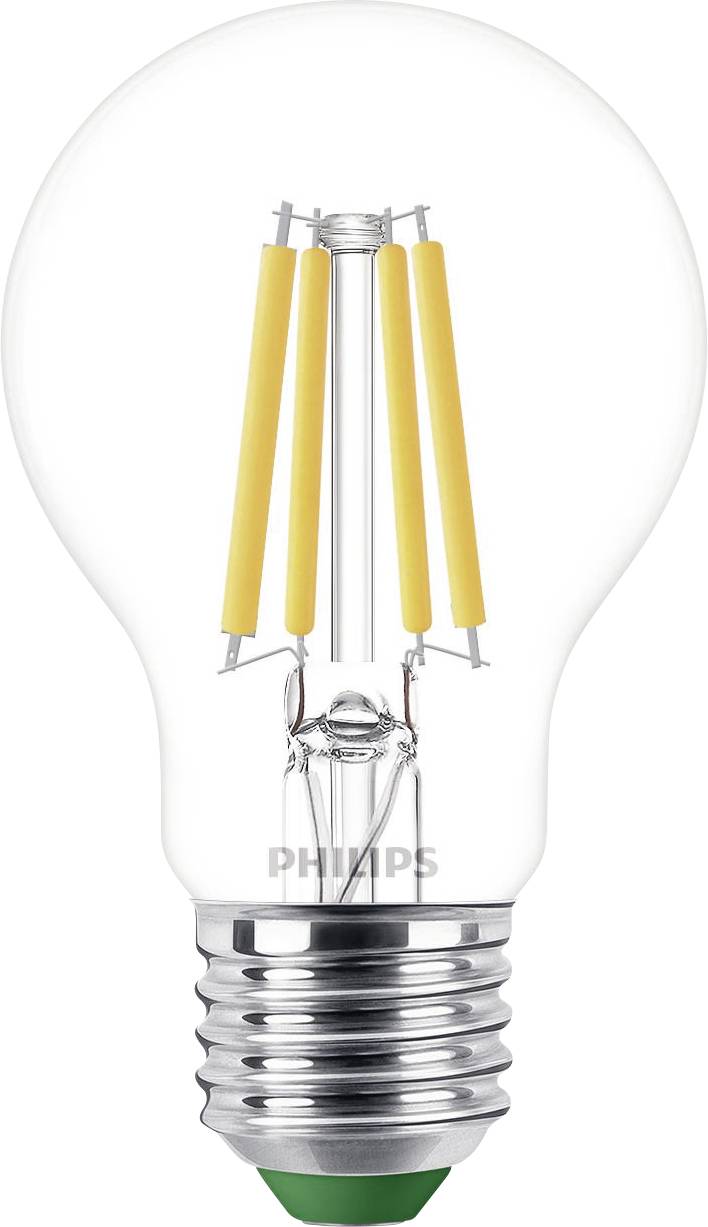 LED-Glühbirne mit sichtbaren Filamenten und E27-Sockel. Markenname 'Philips' ist auf dem Glaskolben eingraviert.