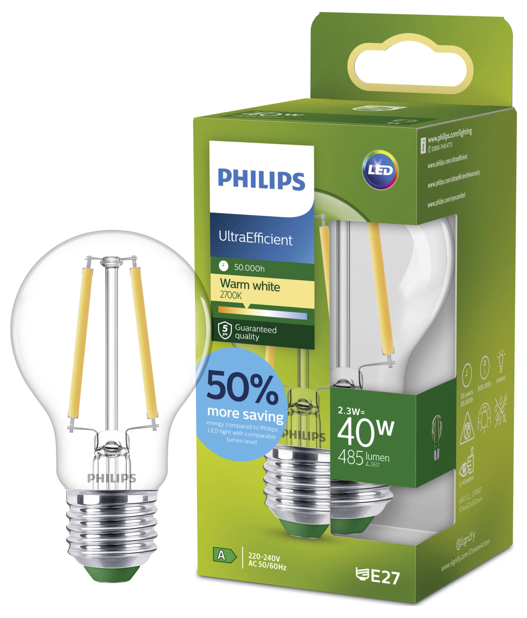 Philips UltraEfficient LED-Glühbirne Verpackung mit einer E27-Fassung, 40W-Äquivalent, 485 Lumen, Warmweiß 2700K und einem Label „50% mehr Ersparnis