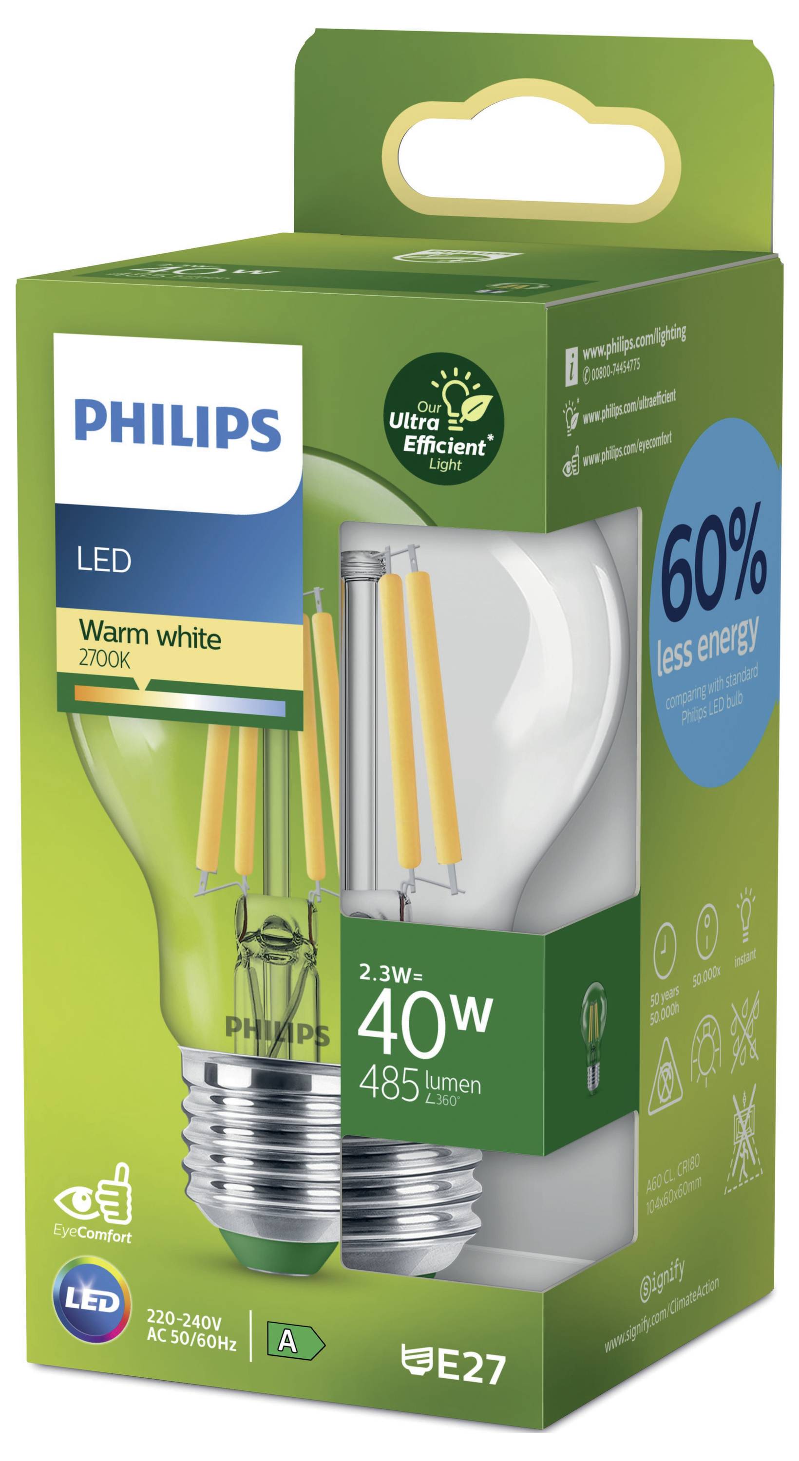 Philips LED 929003622701 LED EEK A (A - G) E27 Glühlampenform 2.3W = 40W Warmweiß (Ø x L) 60mm x 105mm 1St.