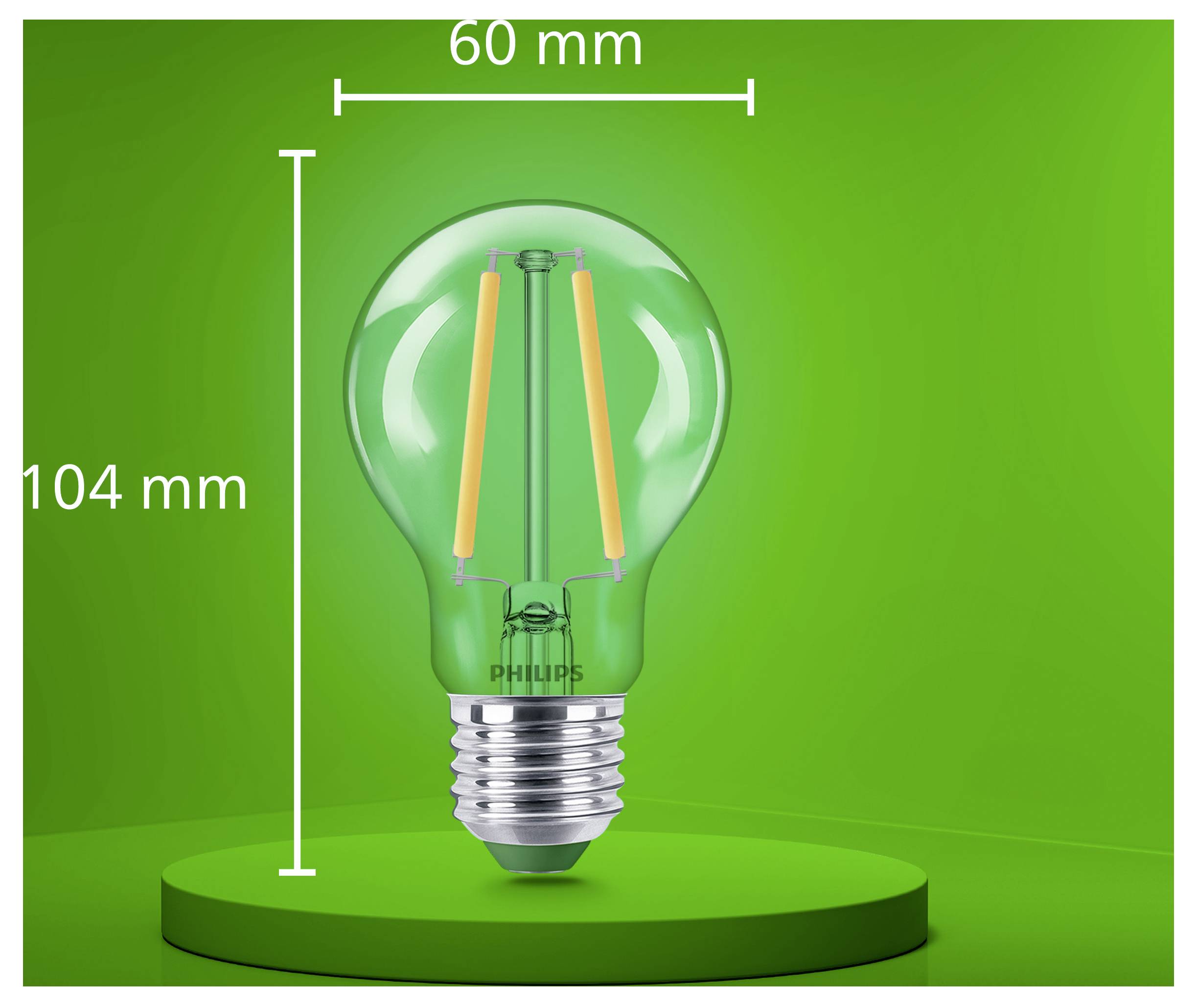 Grüne Philips LED-Glühbirne in Vorderansicht mit beschrifteten Abmessungen von 104 mm Höhe und 60 mm Breite.