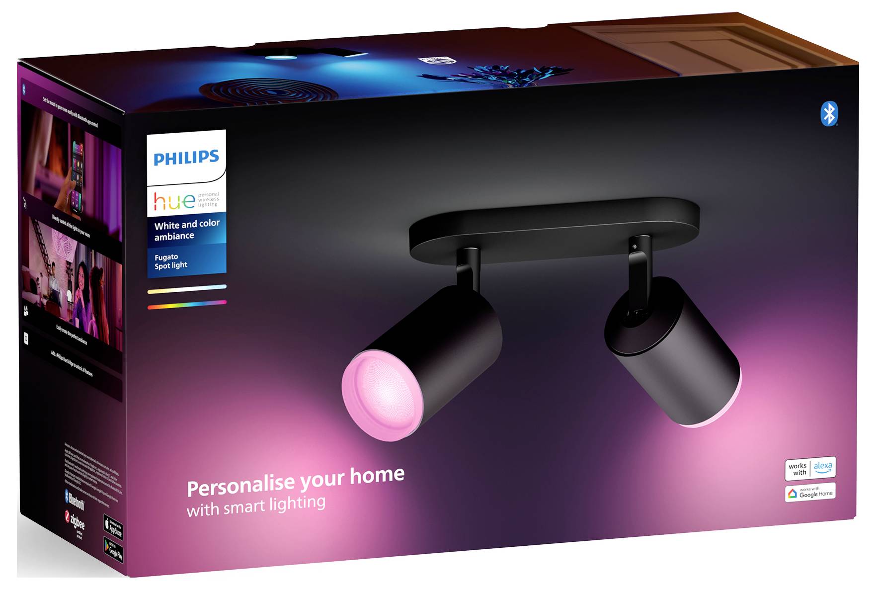 Verpackung einer Philips Hue LED-Leuchte mit zwei Strahlern. Beschriftung: 'Personalise your home with smart lighting'.