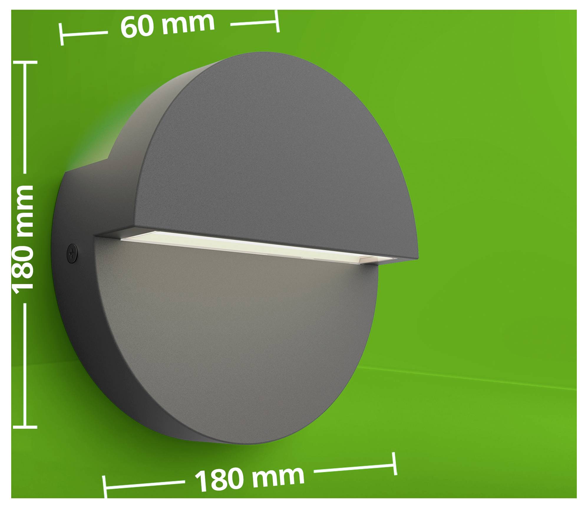 Rundes Wandleuchtengehäuse in Profilansicht gezeigt, mit beschrifteten Abmessungen von 180 mm Höhe und Breite sowie 60 mm Tiefe.