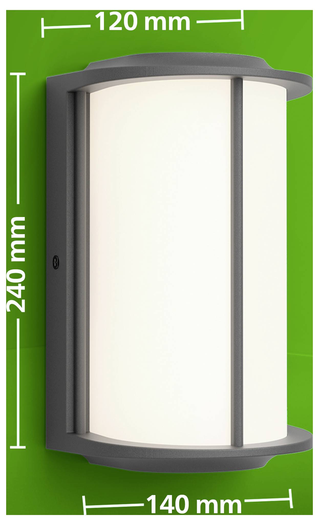 Wandmontierte zylindrische Leuchte mit folgenden Abmessungen: 240 mm Höhe, 120 mm Breite oben und 140 mm Breite unten.