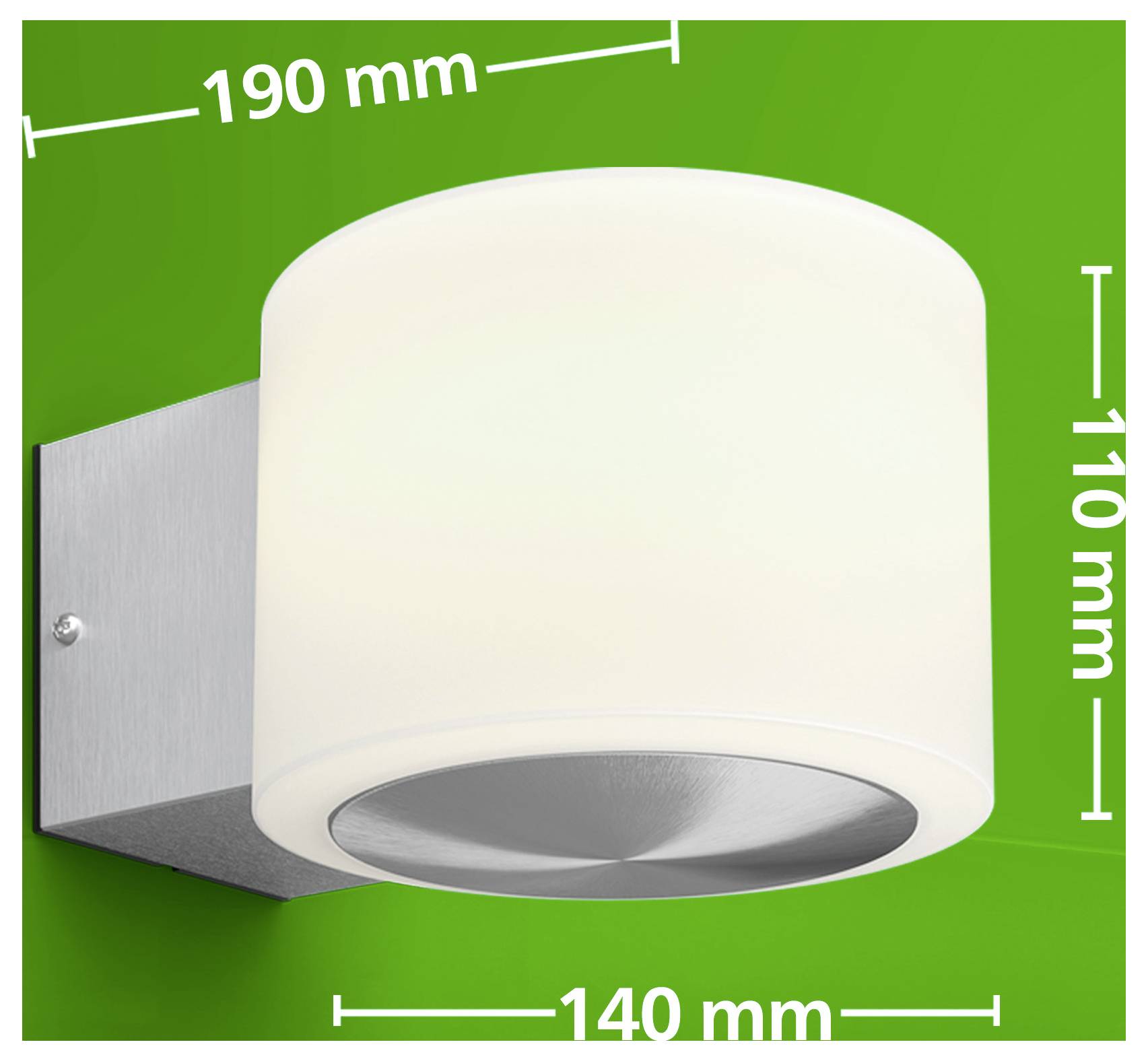 An der Wand angebrachte zylindrische Leuchte mit mattweißem Schirm und Metallsockel, mit den Abmessungen 190 mm breit, 110 mm hoch und 140 mm tief.