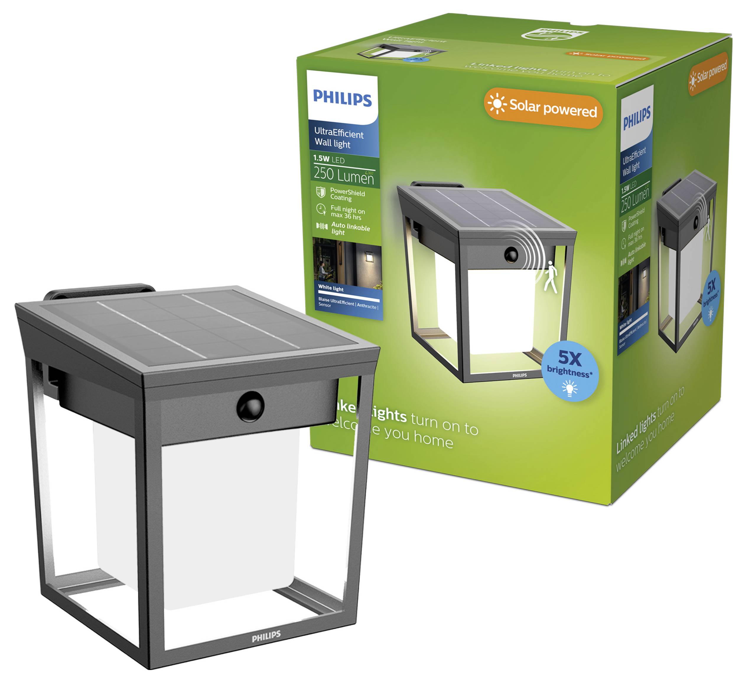 Philips solarbetriebene Wandleuchte mit integrierter LED, abgebildet neben ihrer grünen Produktschachtel auf weißem Hintergrund.