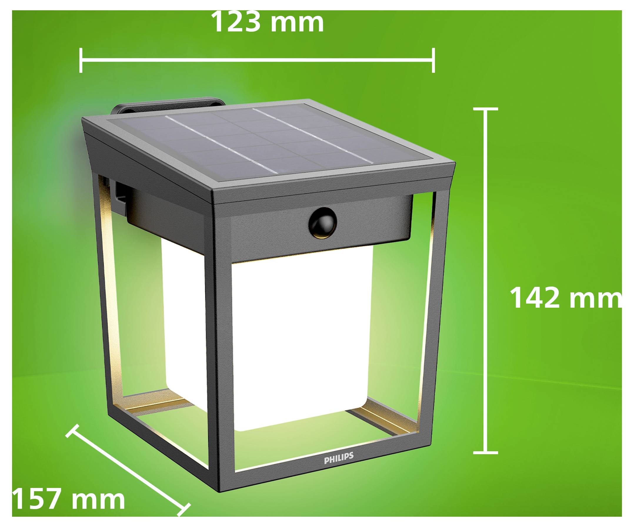 Solarleuchte mit oberer Platte und Sensor, gezeigt mit Abmessungen von 123 mm Breite, 142 mm Höhe und 157 mm Tiefe auf grünem Hintergrund.