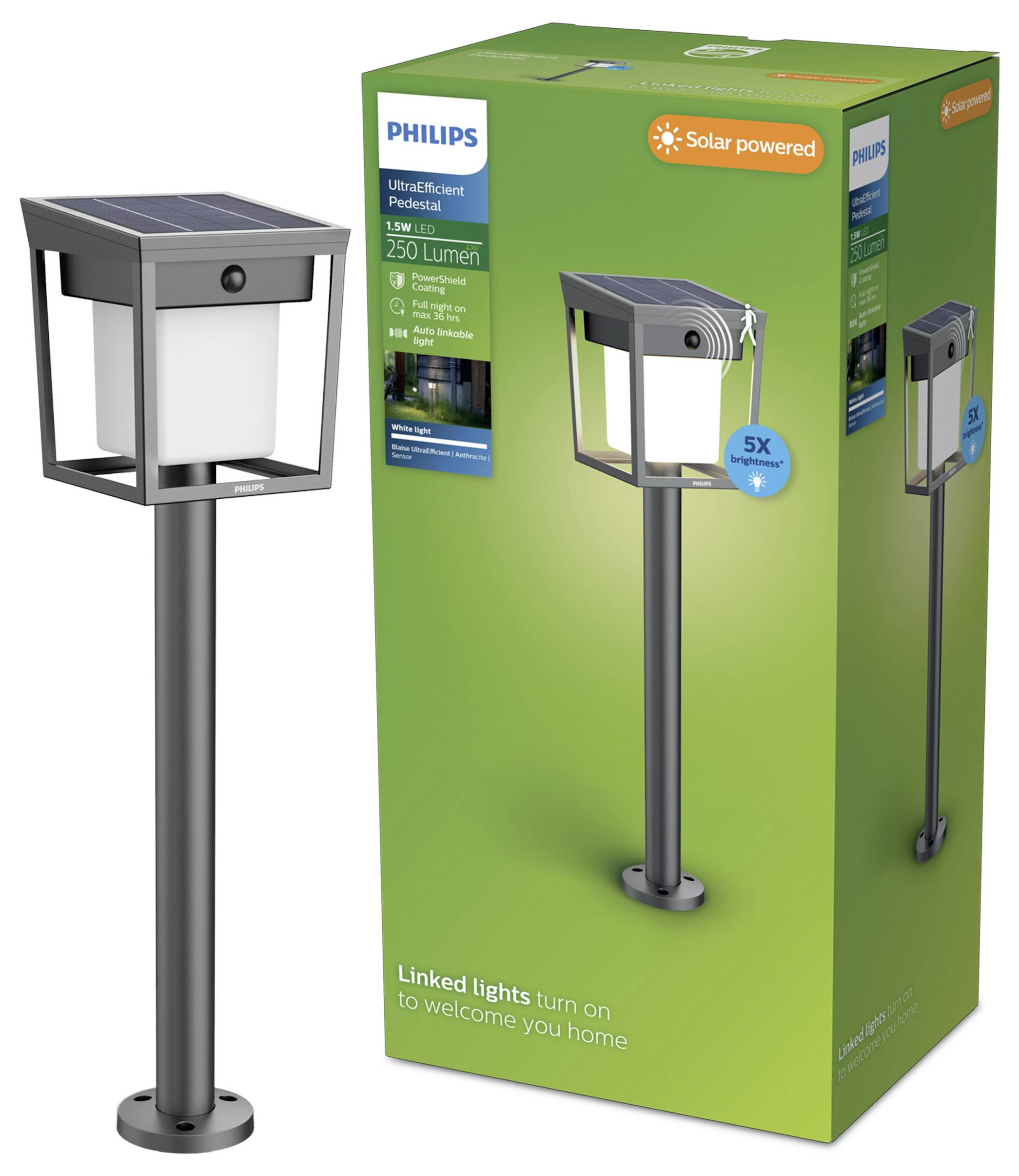 Philips Solar-Außenpfostenleuchte, dargestellt neben ihrer grünen Produktverpackung, beschriftet mit UltraEfficient und 250 Lumen.
