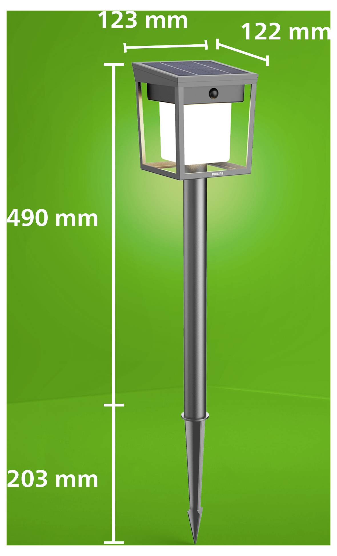 Solarleuchte für Gartenweg auf Stab, mit Abmessungen dargestellt: 490 mm Gesamthöhe, 203 mm Stablänge, 123 mm obere Breite, 122 mm Tiefe.