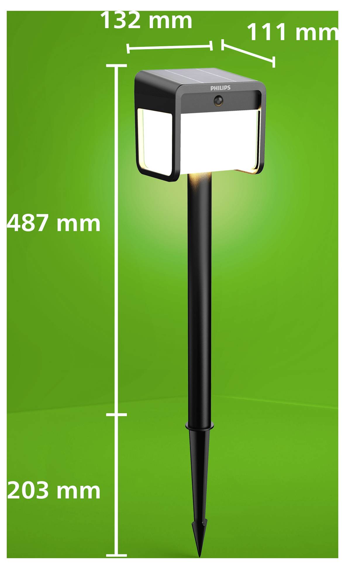 Messgrafik einer Philips-Solargartenleuchte auf einem Pfahl mit folgenden Abmessungen: 132 mm Breite, 111 mm Tiefe, 487 mm Gesamthöhe und 203 mm unterer Bereich.