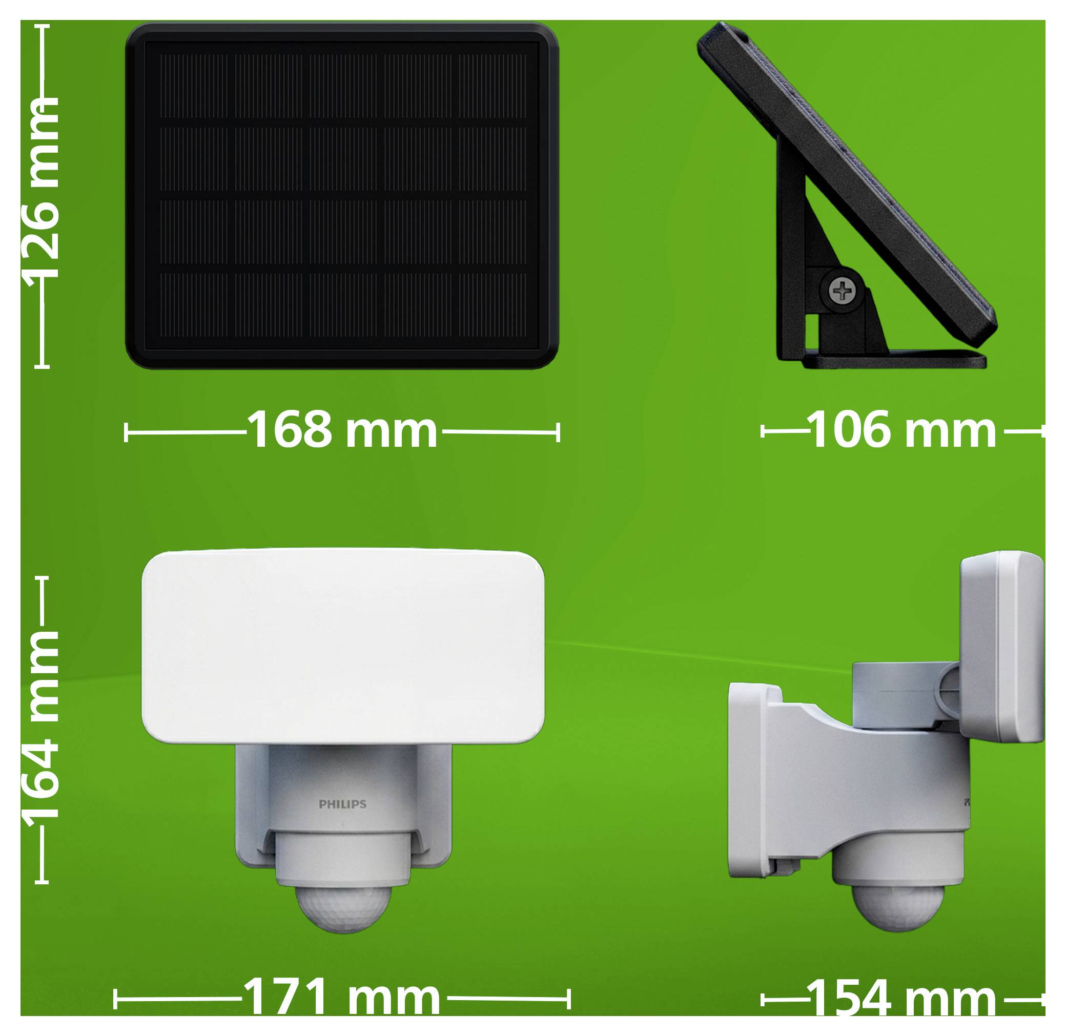 Produktmaßstab-Diagramm einer Philips-Sensorleuchte mit Vorder-, Seiten- und Rückansichten mit Abmessungen: 168 x 126 mm Paneelgröße, 106 mm Tiefe und 171 x 164 mm Gerätegröße.