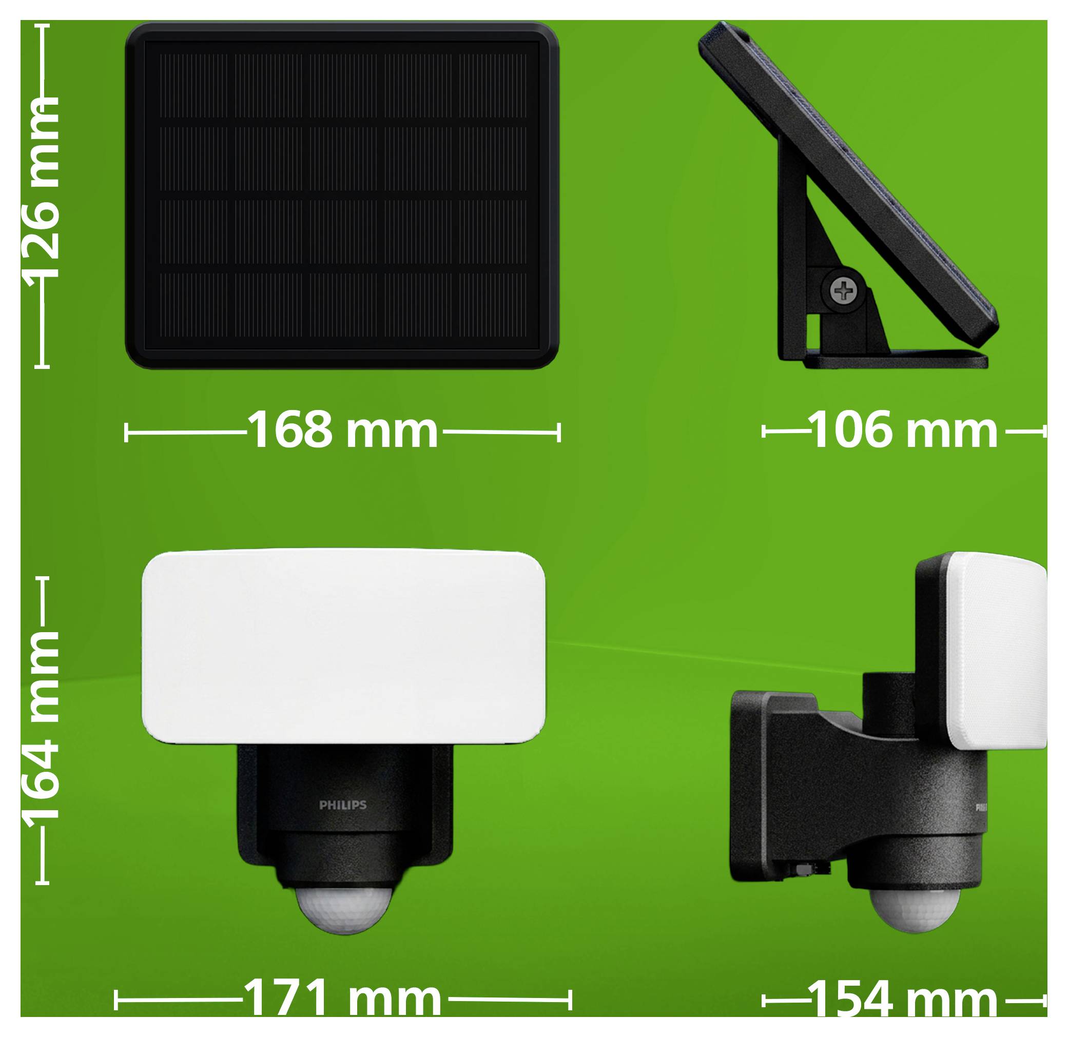 Produktabmessungen einer Philips-Solarleuchte von vorne und von der Seite dargestellt, mit Maßen von 168 mm Breite, 106 mm Tiefe, 171 mm Breite, 154 mm Tiefe und 126 mm/164 mm Höhe.