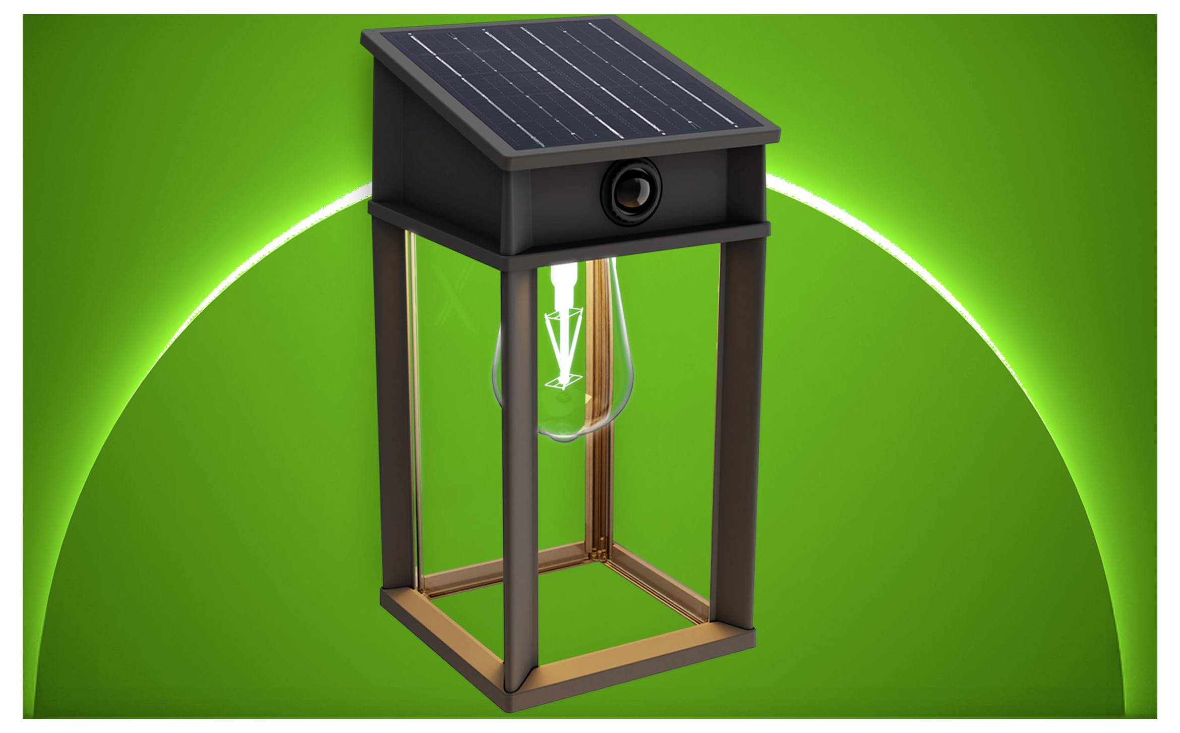 Solarbetriebene Außenlampe mit integrierter Kamera und hängender Glühbirne, dargestellt in einer produktorientierten Darstellung auf grünem Hintergrund.
