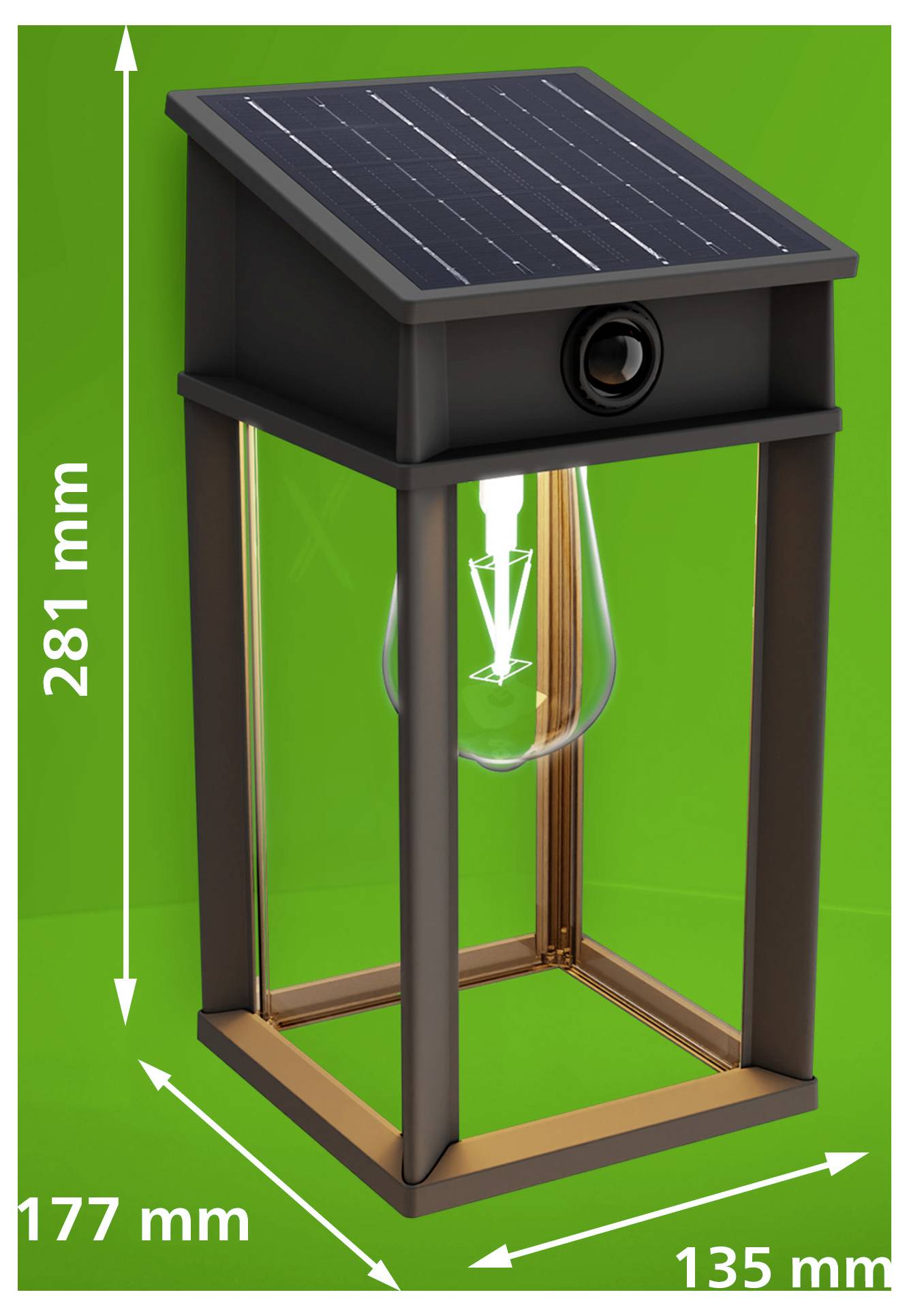 Solar-betriebenes Außengerät in einem schwarzen laternenähnlichen Gehäuse mit Frontkamera, dargestellt mit Abmessungen von 281 mm Höhe, 177 mm Tiefe und 135 mm Breite.