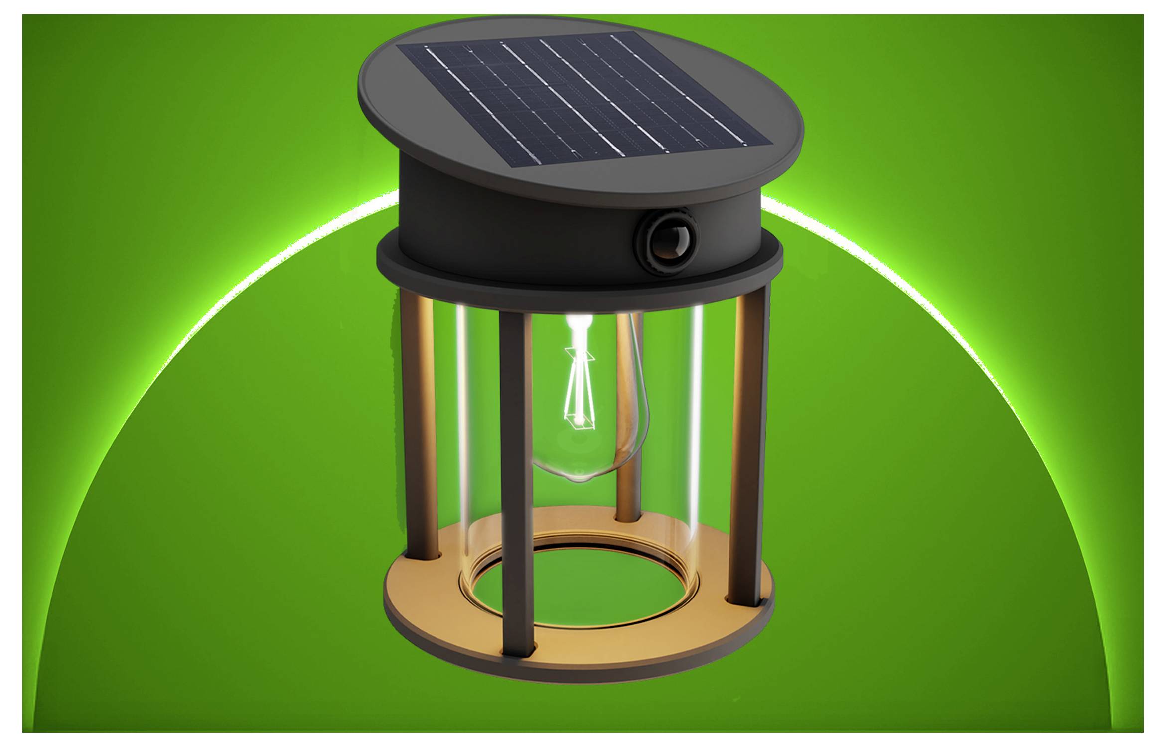Solargestützte Laterne mit einem oberen Solarpanel und einer leuchtenden Glühbirne im Inneren, vor einem leuchtend grünen Hintergrund dargestellt.
