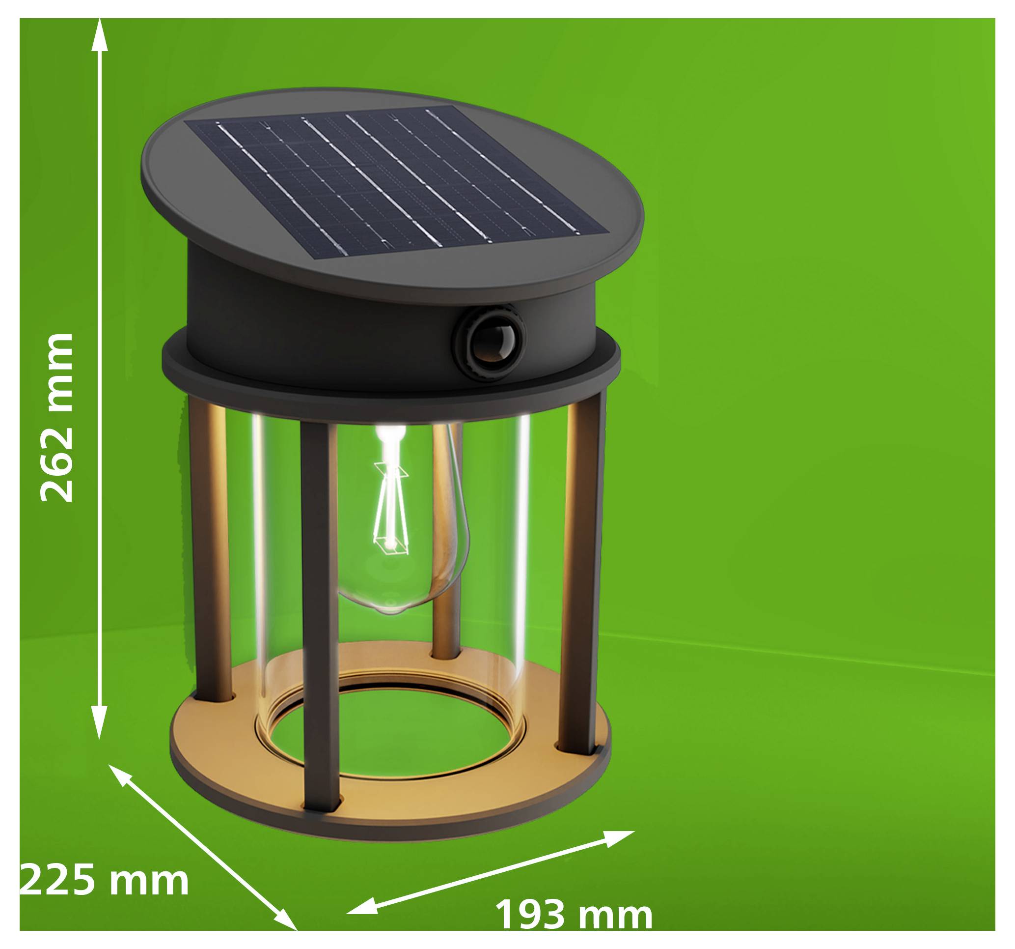 Solarbetriebene zylindrische Lampe oder Laterne auf grünem Hintergrund, mit beschrifteten Abmessungen von 262 mm Höhe, 225 mm Breite und 193 mm Tiefe.