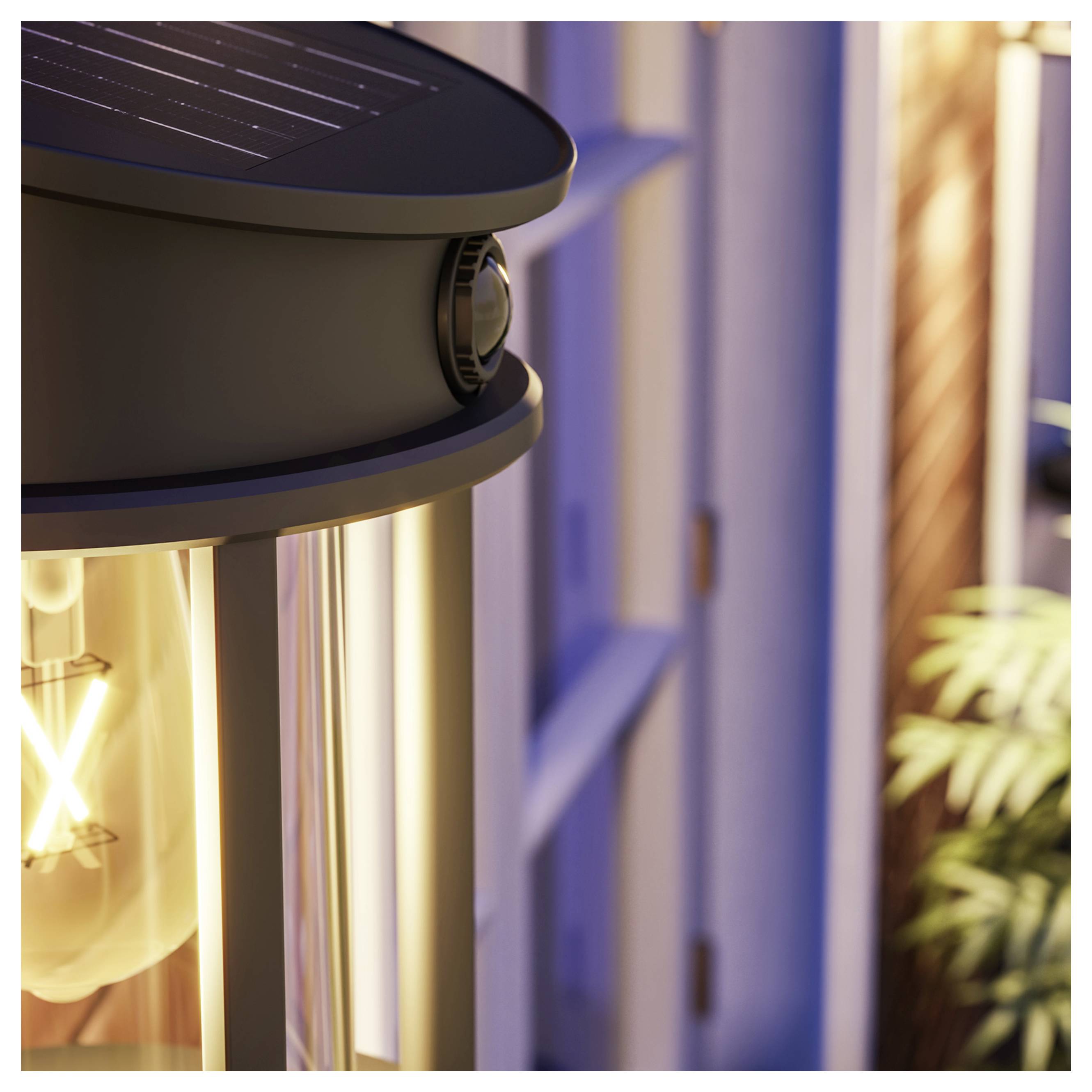 Nahaufnahme eines schwarzen Außen-Terrassenheizers mit einer glühenden Glühbirne und warmem Licht neben einem Fenster und einer Pflanze.