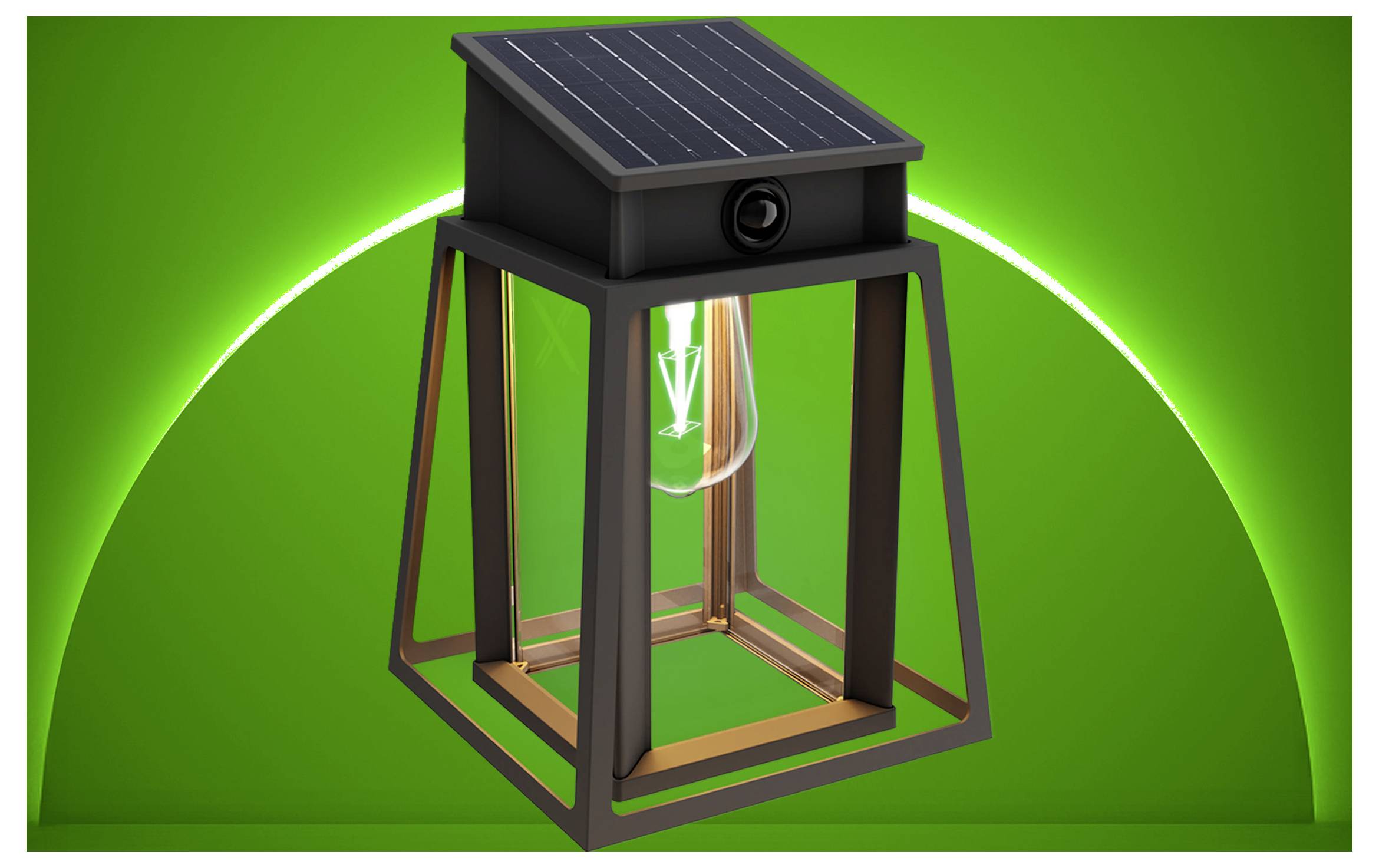 Solar-betriebene Laterne mit einem auf dem Dach montierten Panel und einer zentralen Leuchte in einem dunklen Metallrahmen, gezeigt auf grünem Hintergrund.