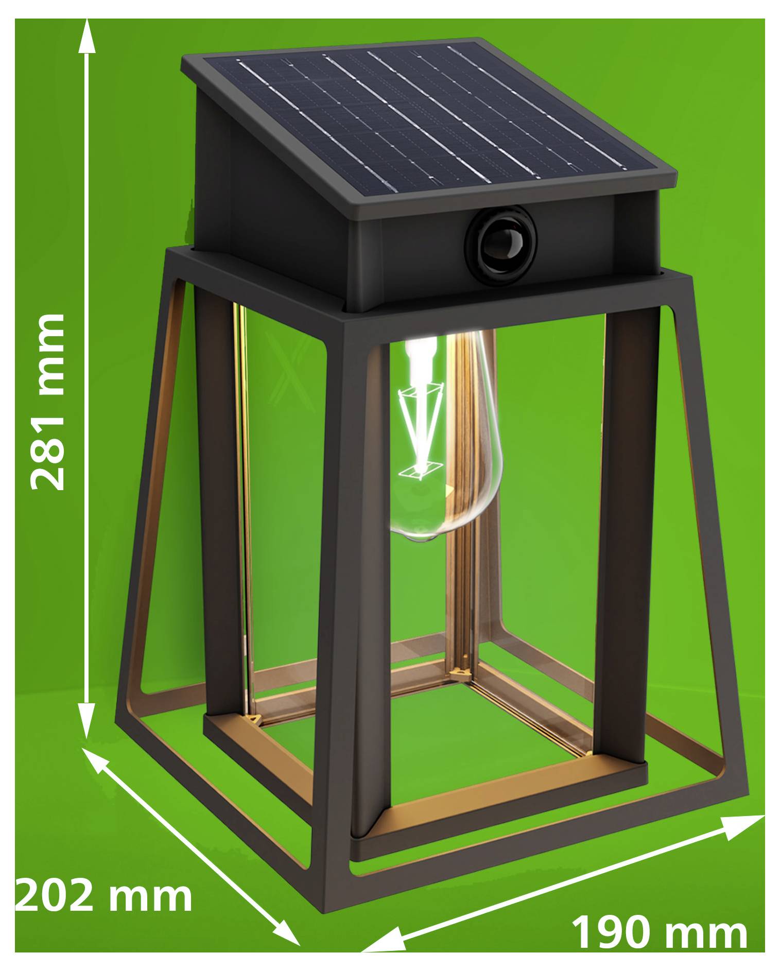 Solar-betriebene Laterne mit integriertem Licht und Solarpanel, dargestellt auf grünem Hintergrund mit beschrifteten Abmessungen von 281 mm Höhe, 202 mm Tiefe und 190 mm Breite.