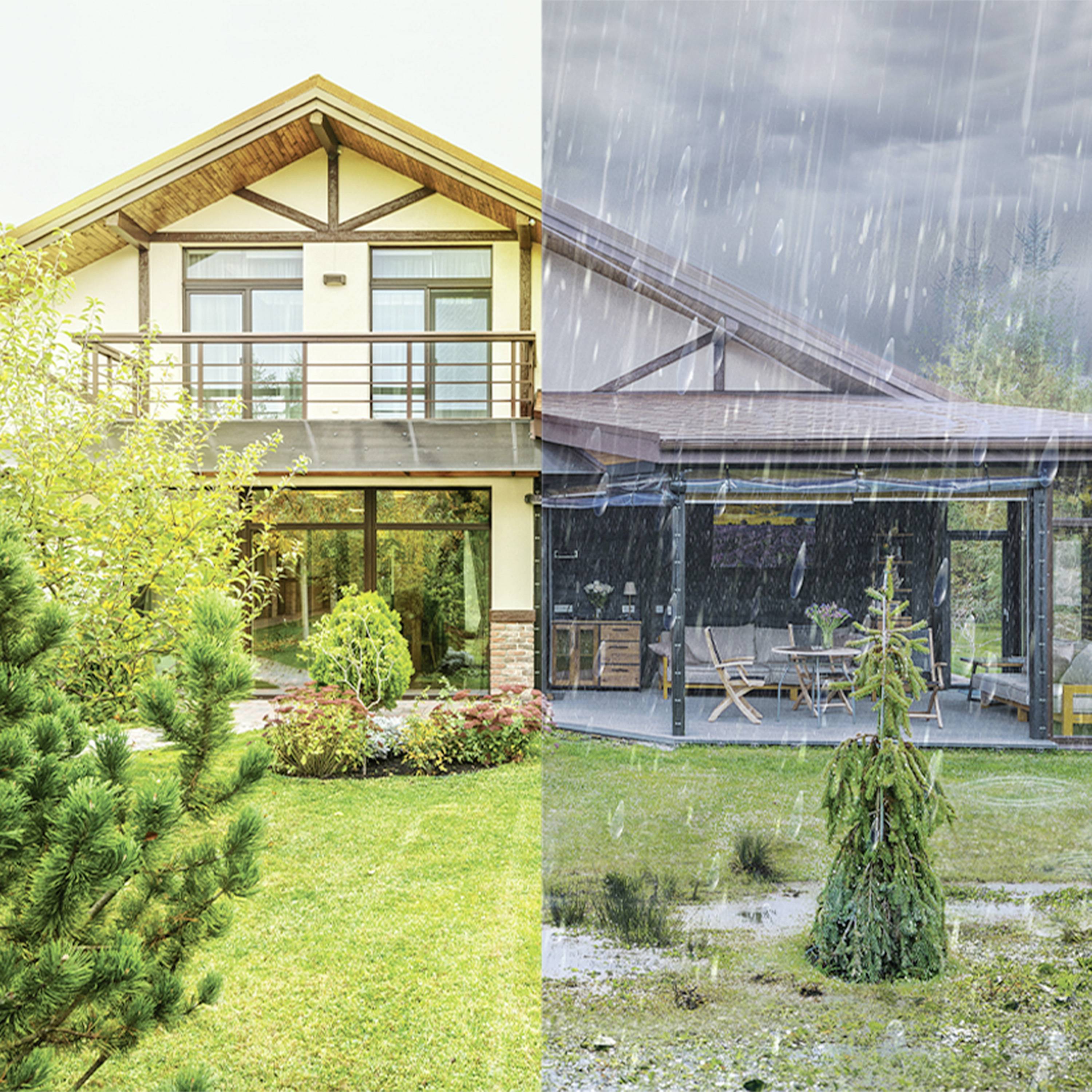 Ein Haus bei sonnigem Wetter, links mit einem Garten, rechts im Regen, zeigt den Kontrast zwischen Sommer und regnerischem Tag.