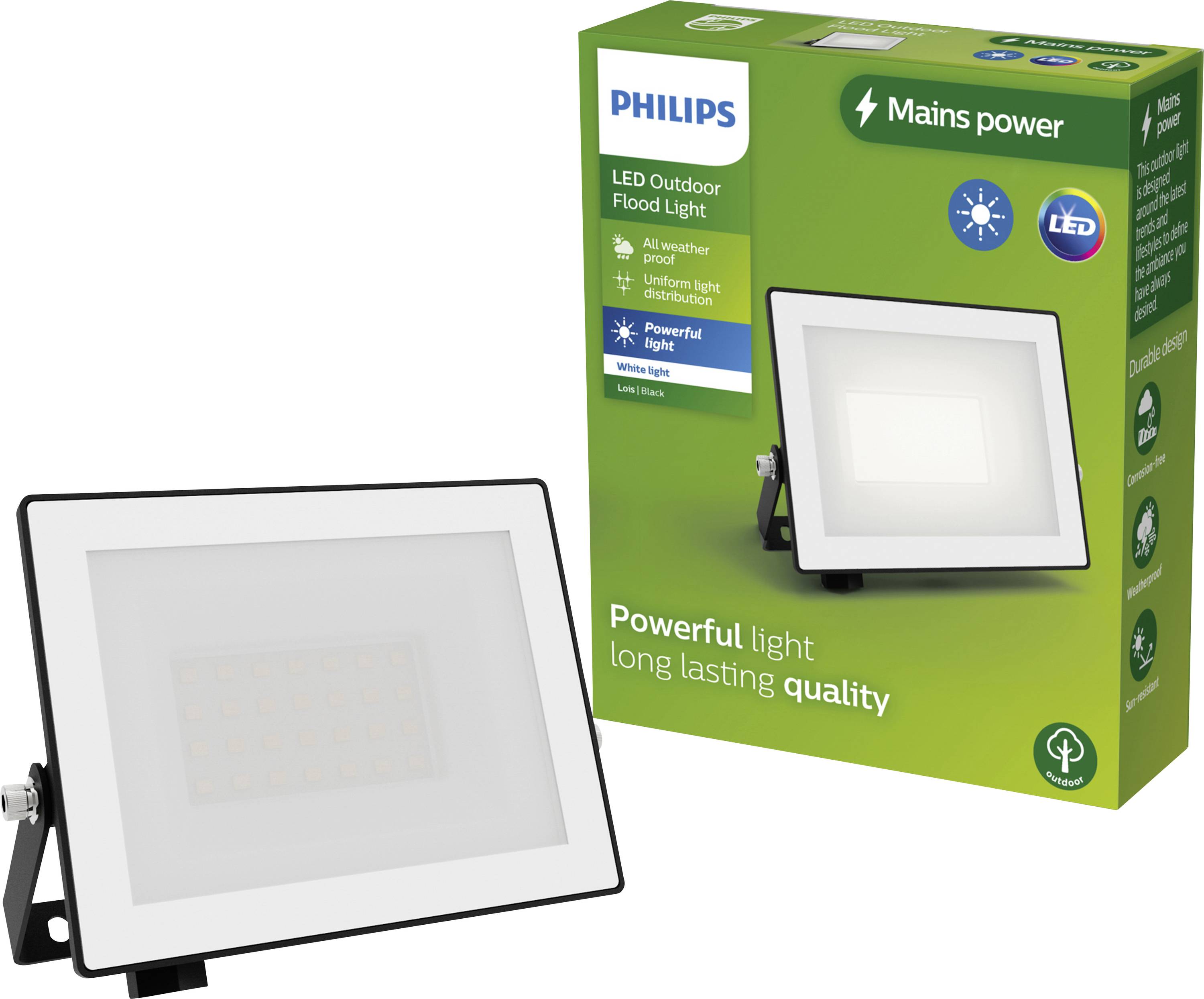 Philips LED-Flutlicht mit Verpackung. Das Produkt bietet leistungsstarkes, langlebiges Licht, ideal für den Außenbereich.