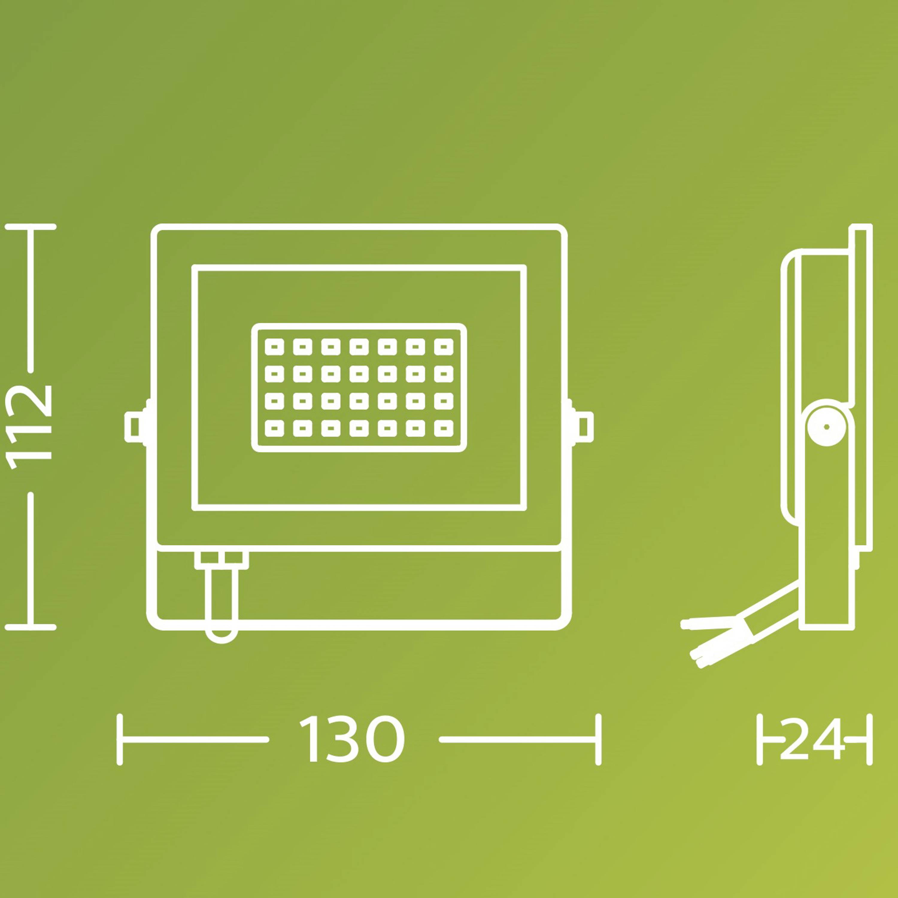 LED-Flutlicht mit Abmessungen: Breite 130 mm, Höhe 112 mm, Tiefe 24 mm. Seiten- und Frontansicht auf grünem Hintergrund.