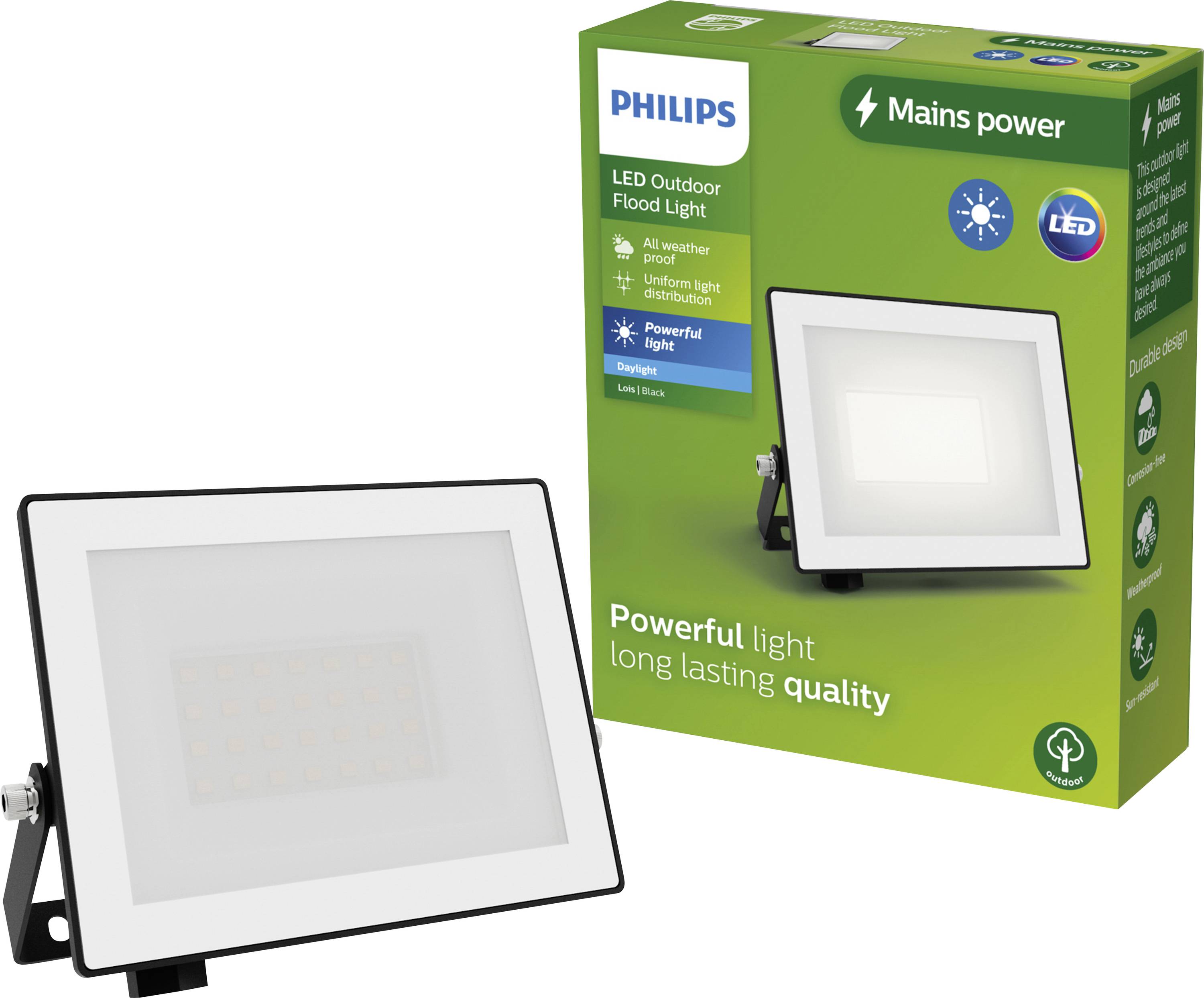 'Philips LED Outdoor Flood Light' Verpackung: Hauptmerkmale sind leistungsstarkes, langlebiges Licht und Energiekontrolle. Produktbild inklusive.