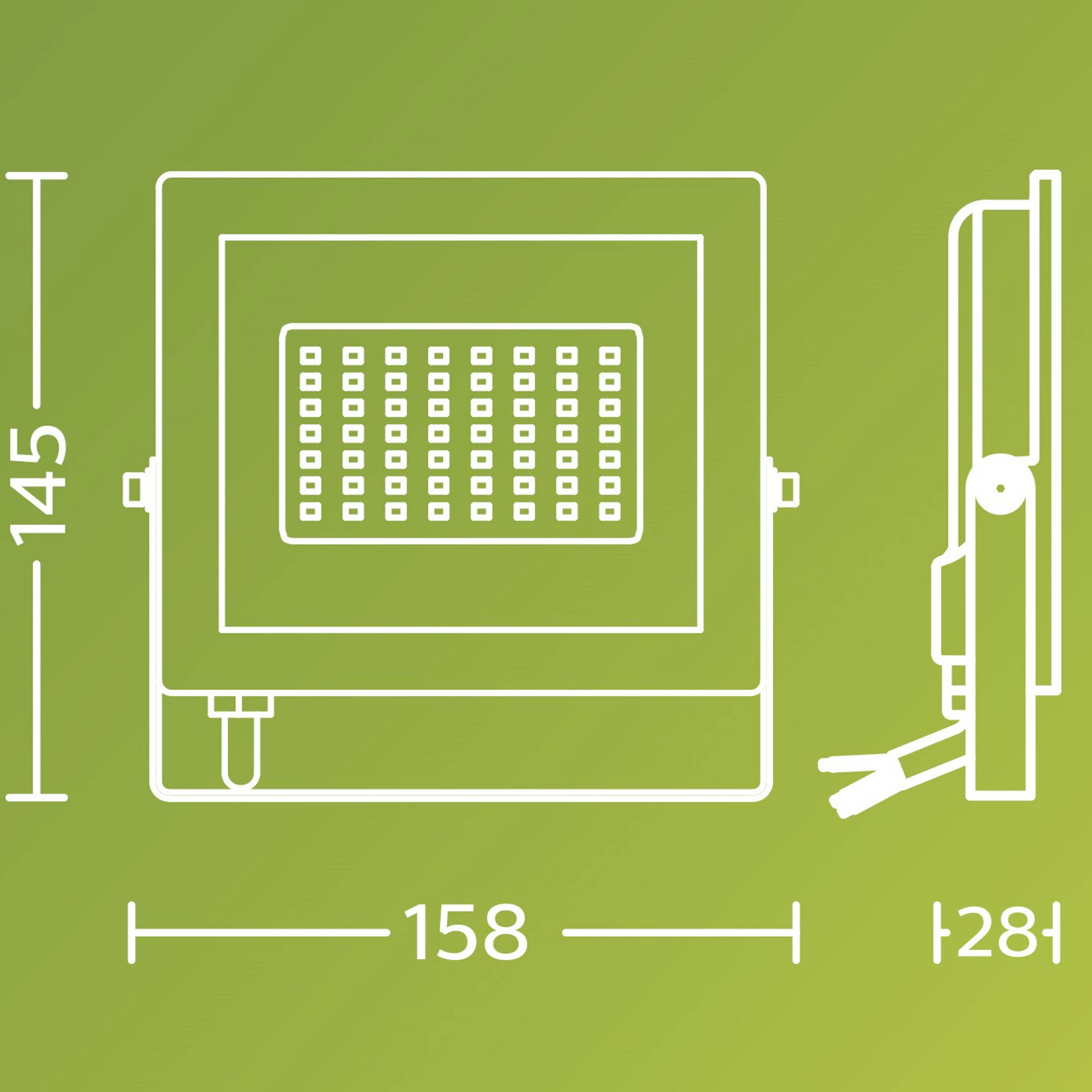 LED-Flutlicht Zeichnung, Maße: Höhe 145 mm, Breite 158 mm, Tiefe 128 mm. Gehäusequerschnitt und Befestigungsmethode dargestellt.