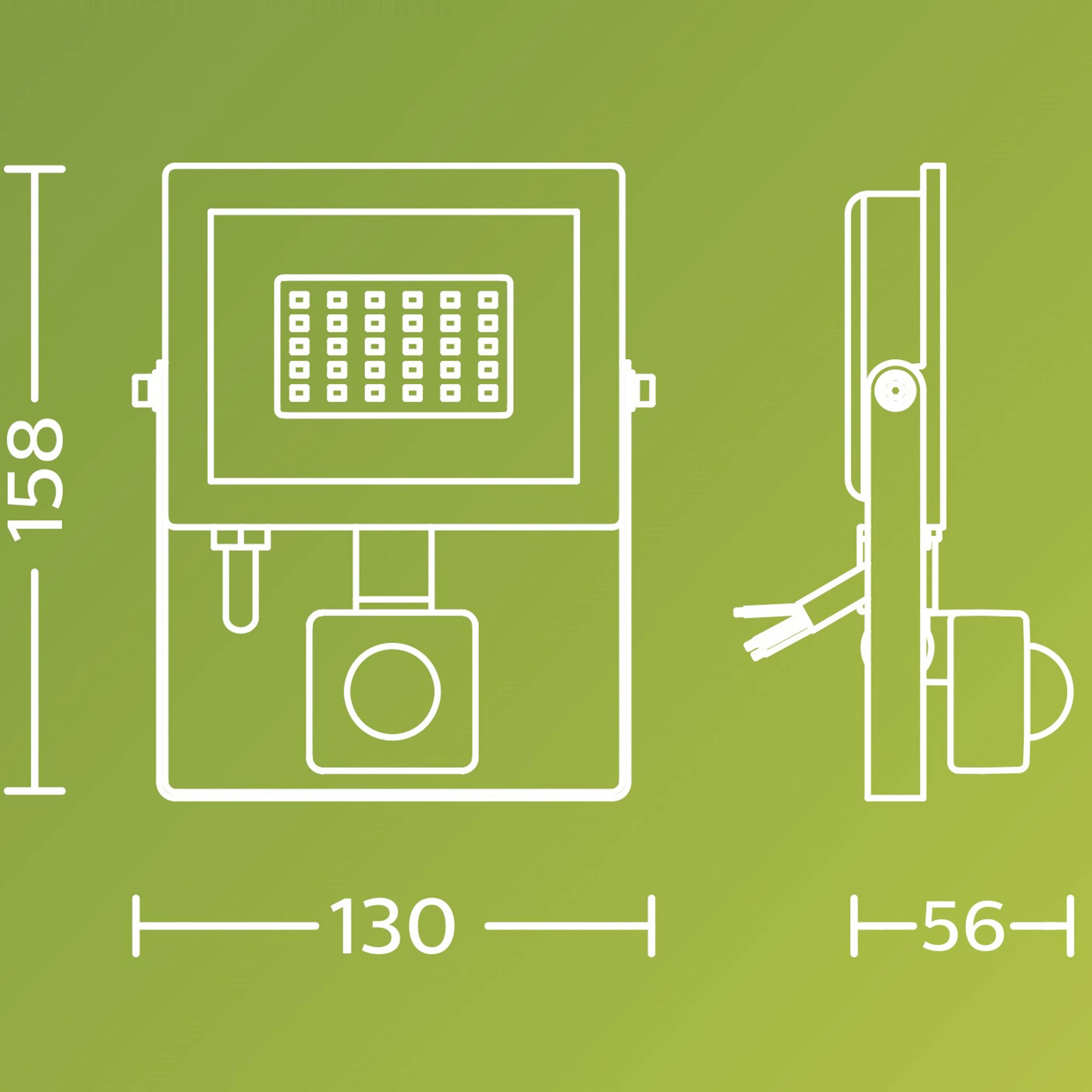 Technische Zeichnung eines rechteckigen Geräts auf grünem Hintergrund. Frontansicht: Höhe 158, Breite 130. Seitenansicht: Tiefe 56.