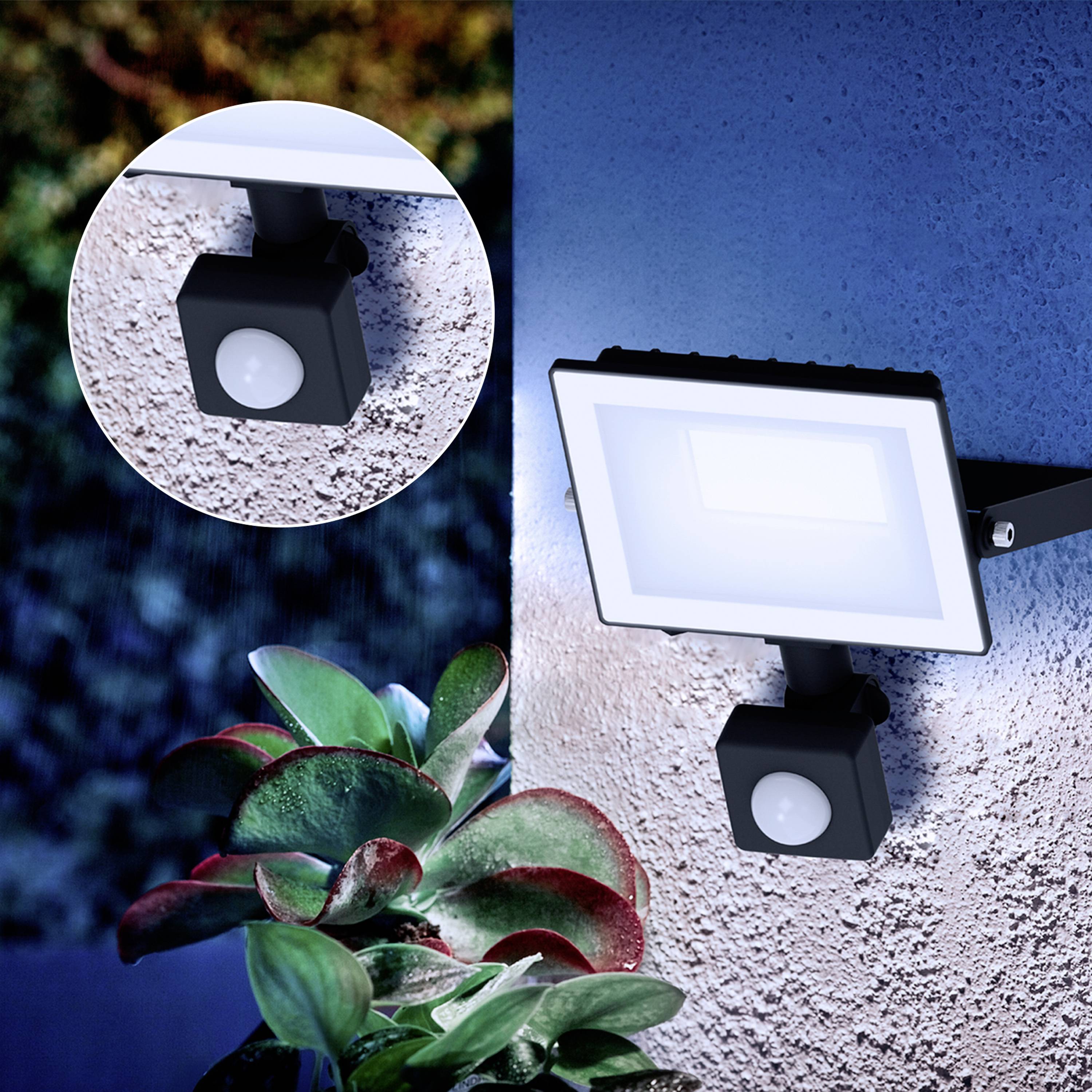 LED-Außenleuchte mit Bewegungsmelder an einer Wand montiert, leuchtet Pflanzen im Vordergrund an. Vergrößerter Ausschnitt zeigt Sensor.