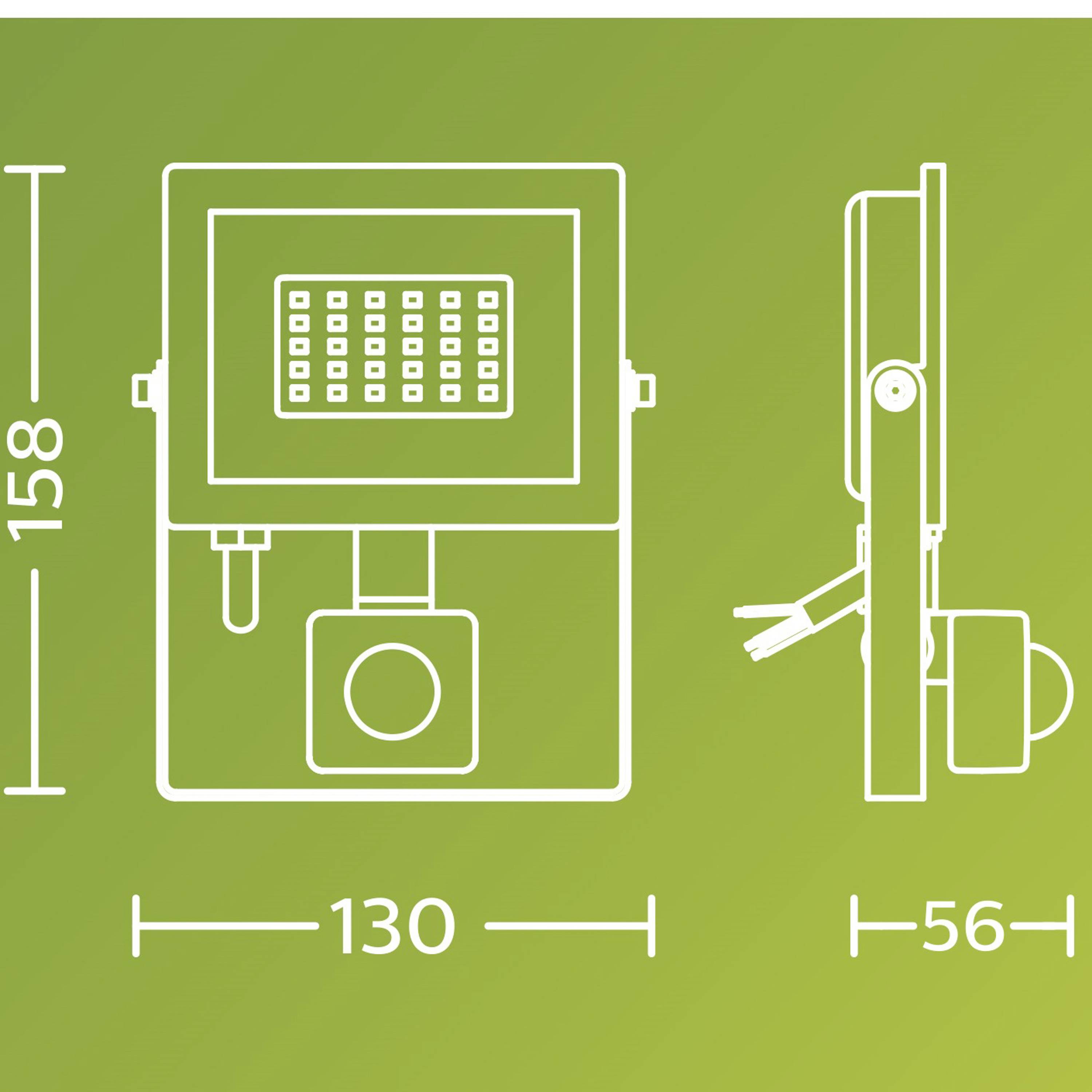 Technische Zeichnung eines rechteckigen Geräts mit Maßen: Höhe 158 mm, Breite 130 mm, Tiefe 56 mm.