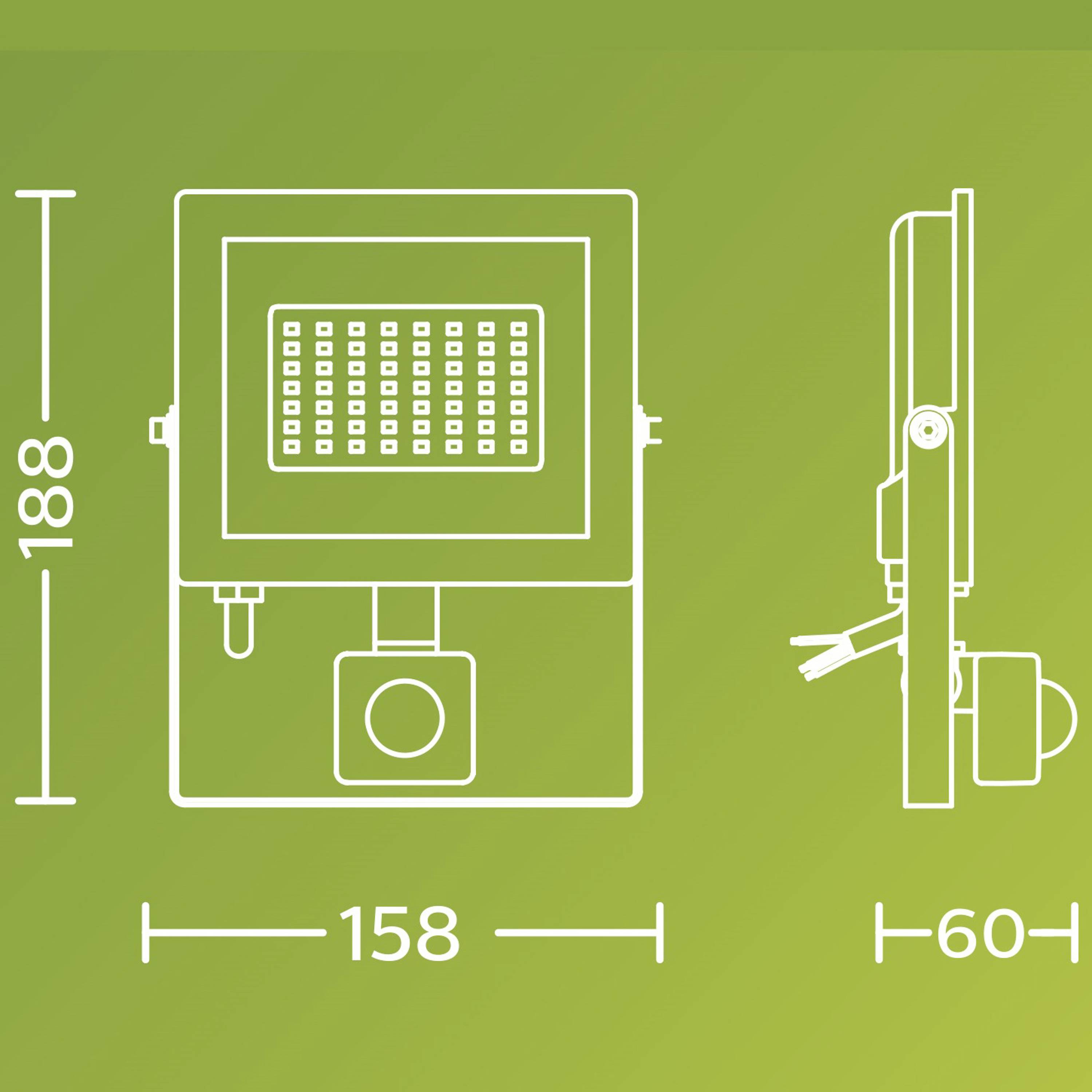 Abbildung eines Scheinwerfers mit Maßen: Höhe 188 mm, Breite 158 mm, Tiefe 60 mm. Gezeigt sind Front- und Seitenansicht.