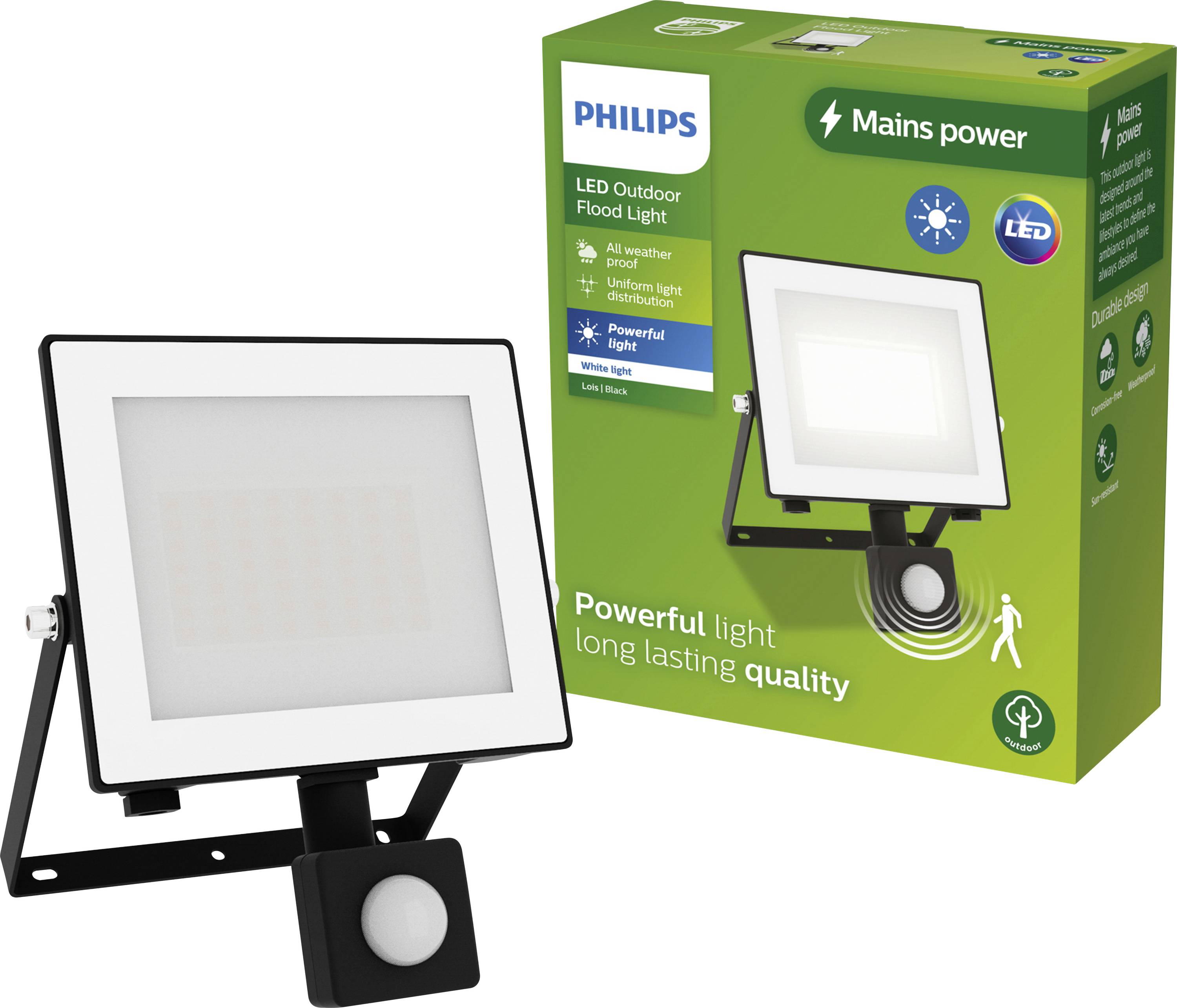 LED-Flutlichtstrahler von Philips. Verpackung zeigt Produkt und hebt Eigenschaften hervor: wetterfest, leistungsstarkes Licht, lange Lebensdauer.