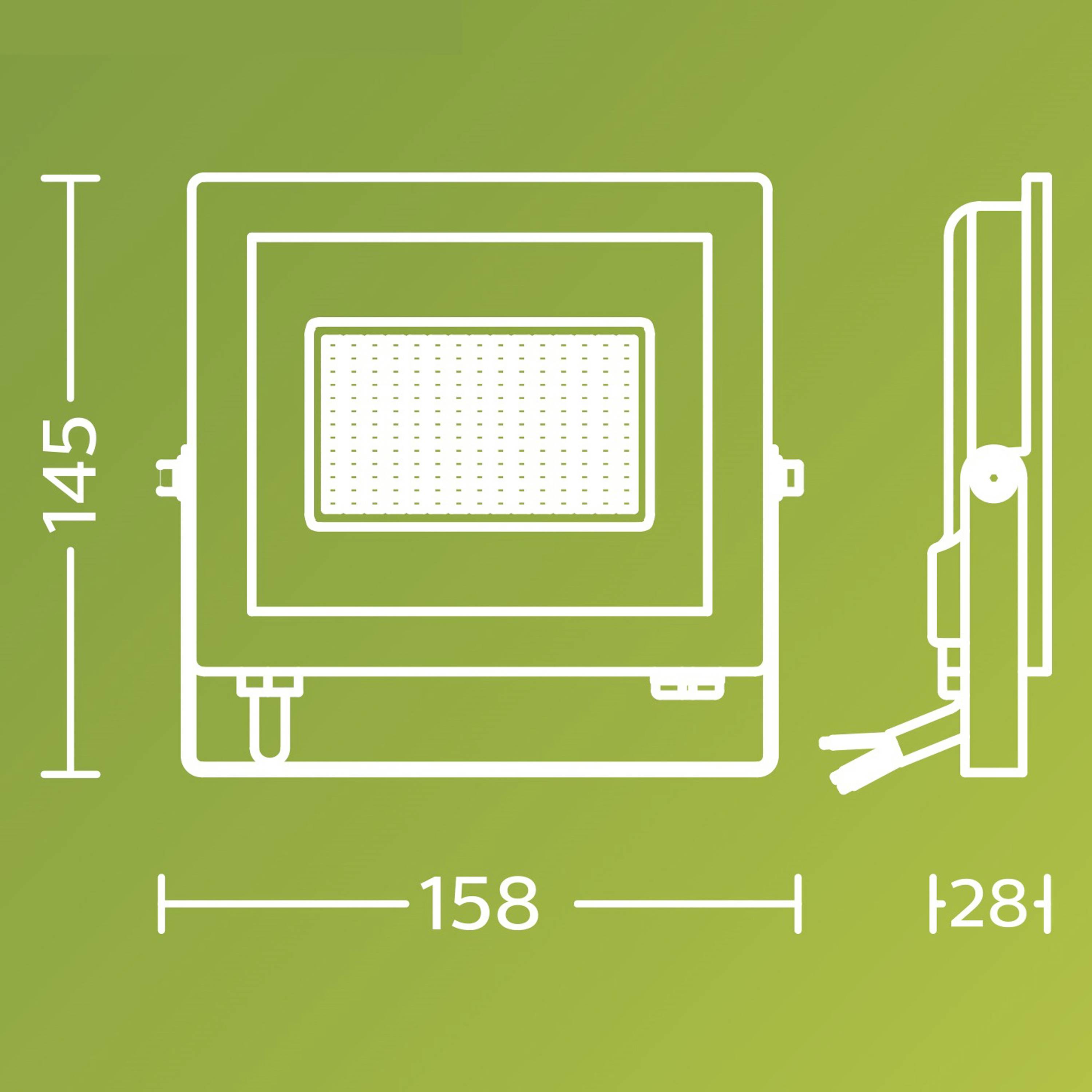 Ein rechteckiger Scheinwerfer mit Maßen: Höhe 145 mm, Breite 158 mm, Tiefe 28 mm. Hintergrund in grün.