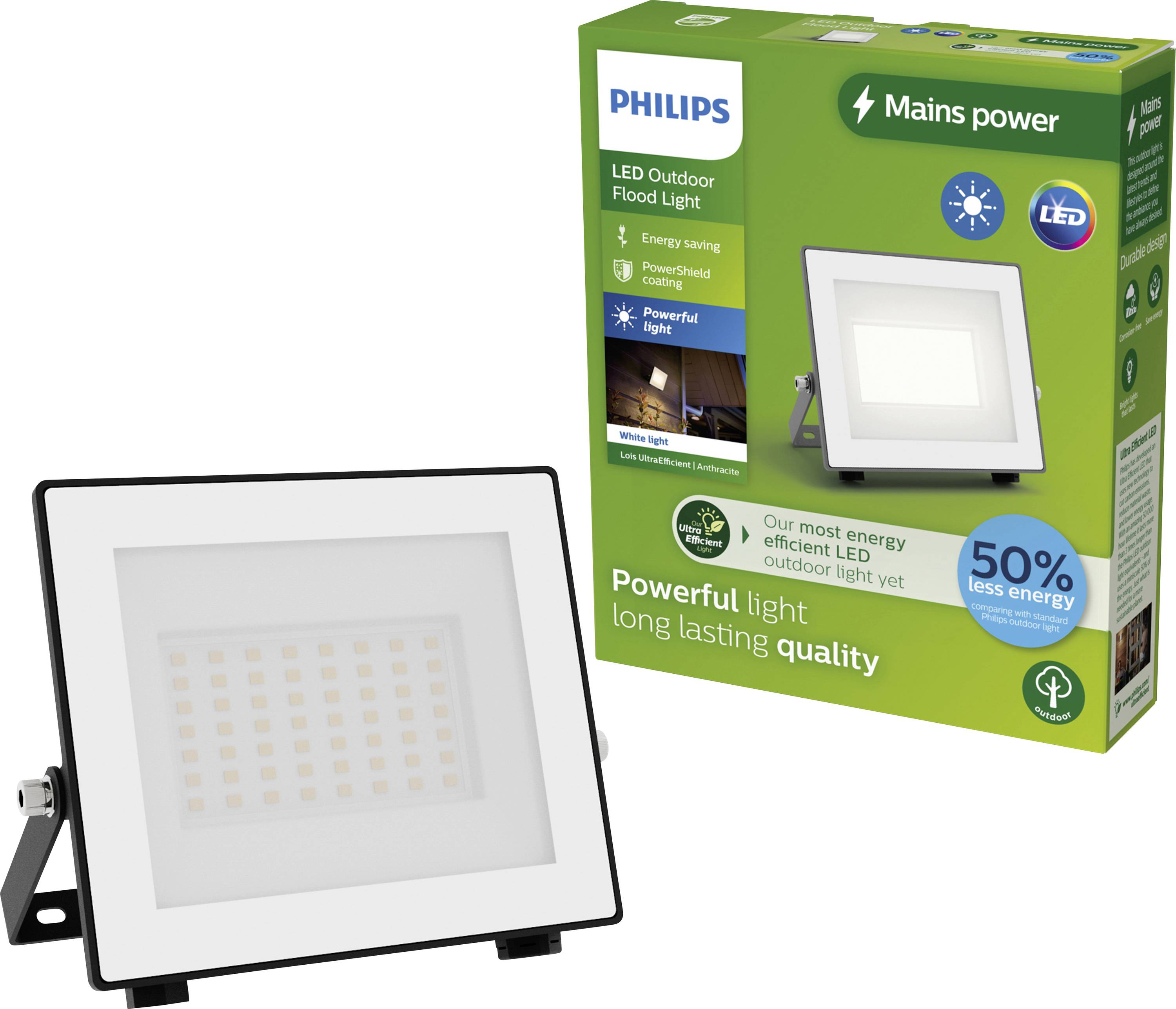 LED-Flutlicht von Philips in der Verpackung. Die Box zeigt '50% weniger Energie'. Hauptmerkmale: Langlebigkeit und starke Leuchtkraft.
