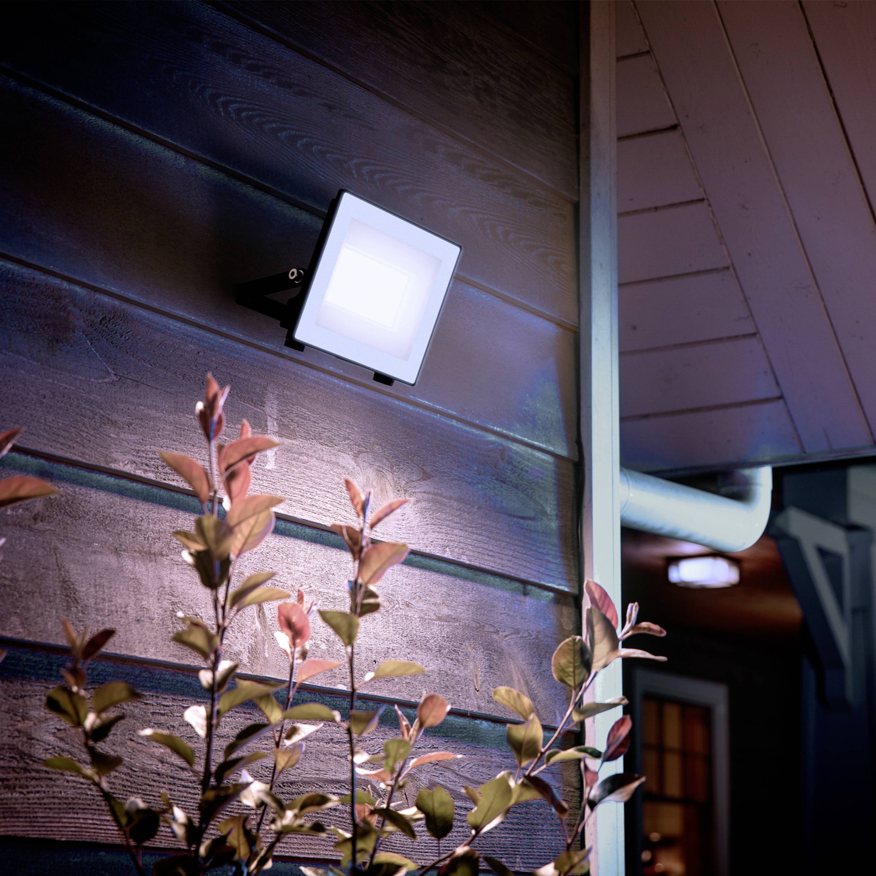 Ein rechteckiger Außenstrahler beleuchtet abends die Hausfassade, umgeben von Pflanzen. Eine Dachrinne ist im Hintergrund sichtbar.