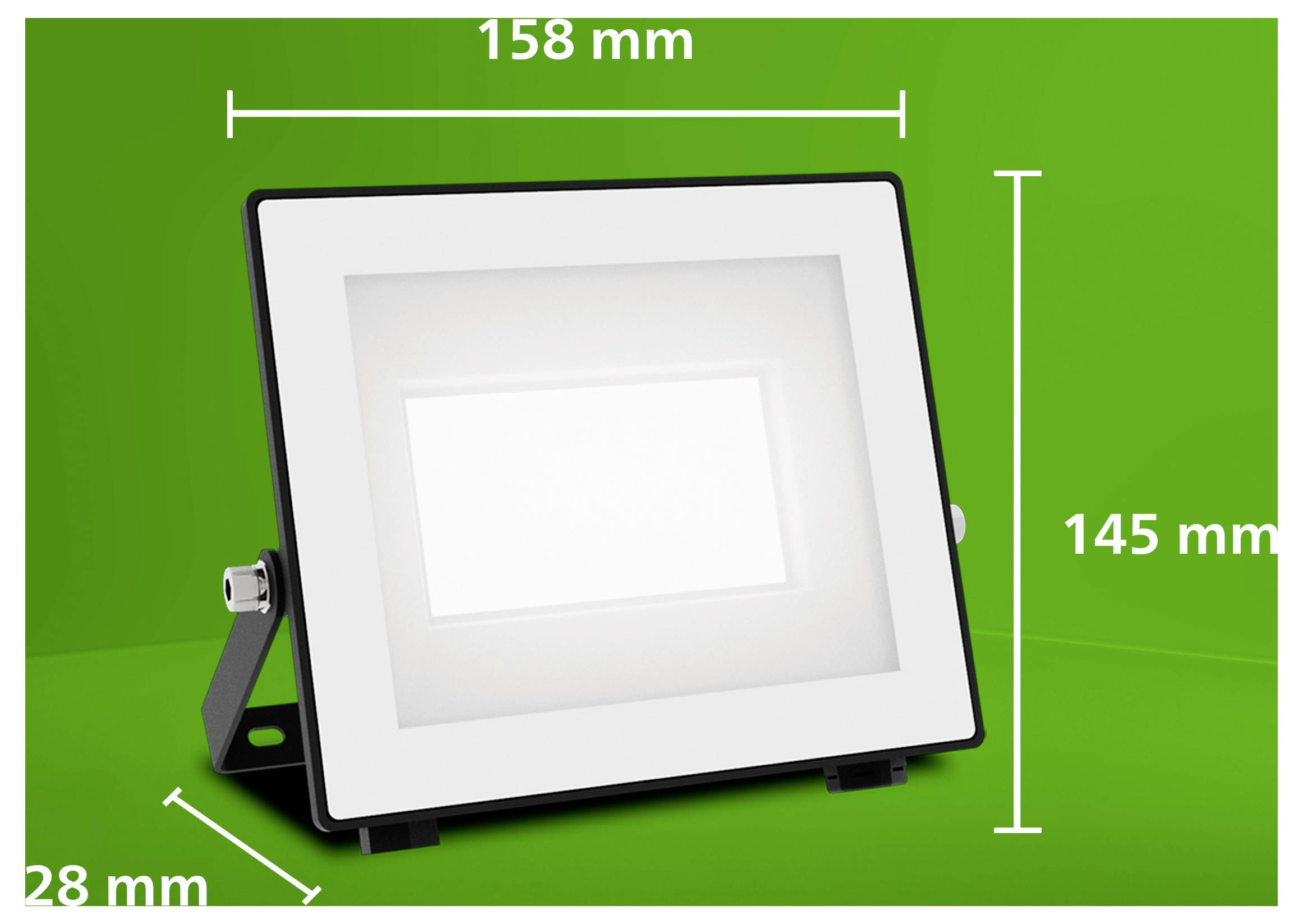 Produktbild einer rechteckigen LED-Flutlicht mit Dimensionsbezeichnungen: 158 mm breit, 145 mm hoch und 28 mm tief.