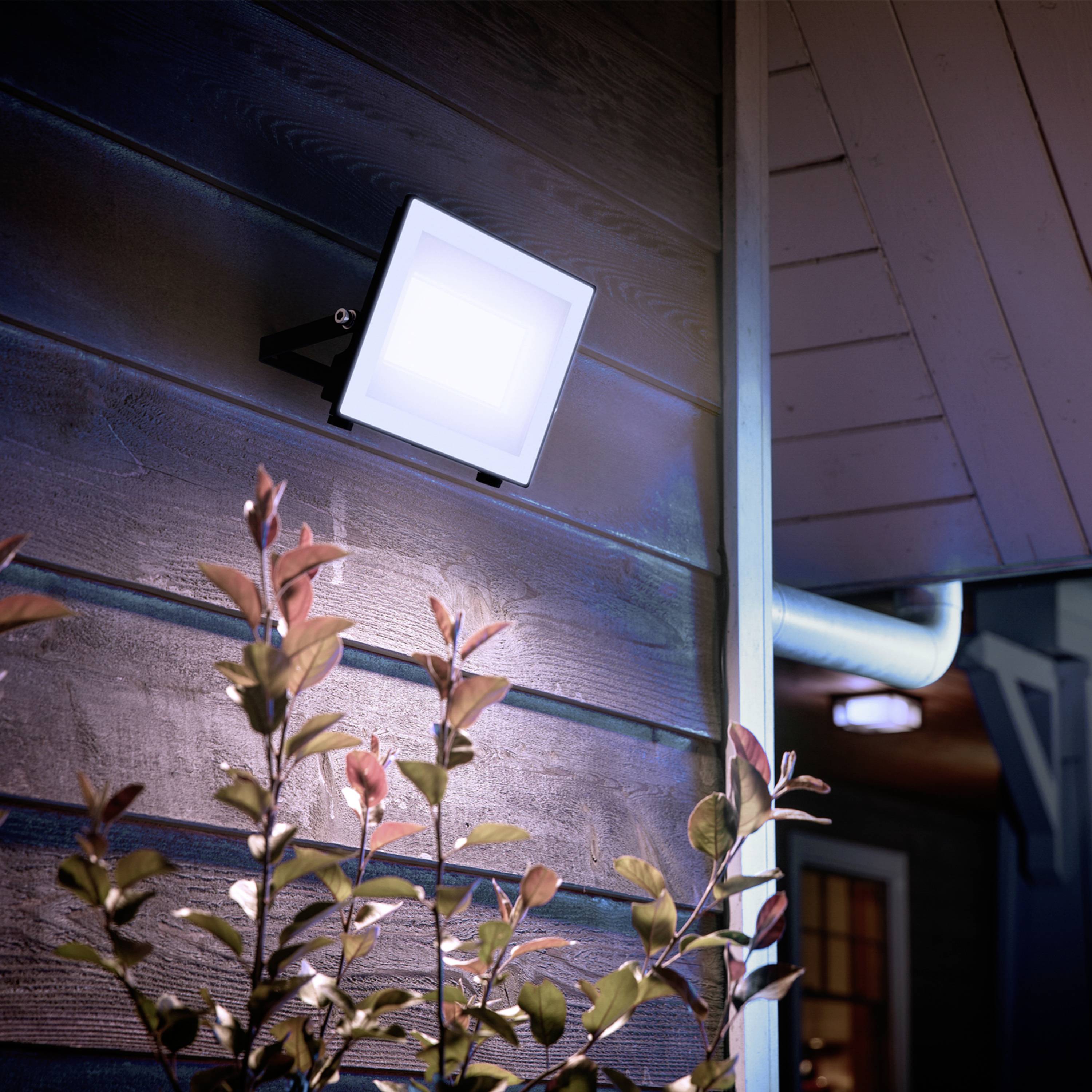 Ein strahlender Außenstrahler beleuchtet eine Hauswand neben einem Busch bei Dämmerung, mit weiteren Lichtern im Hintergrund.