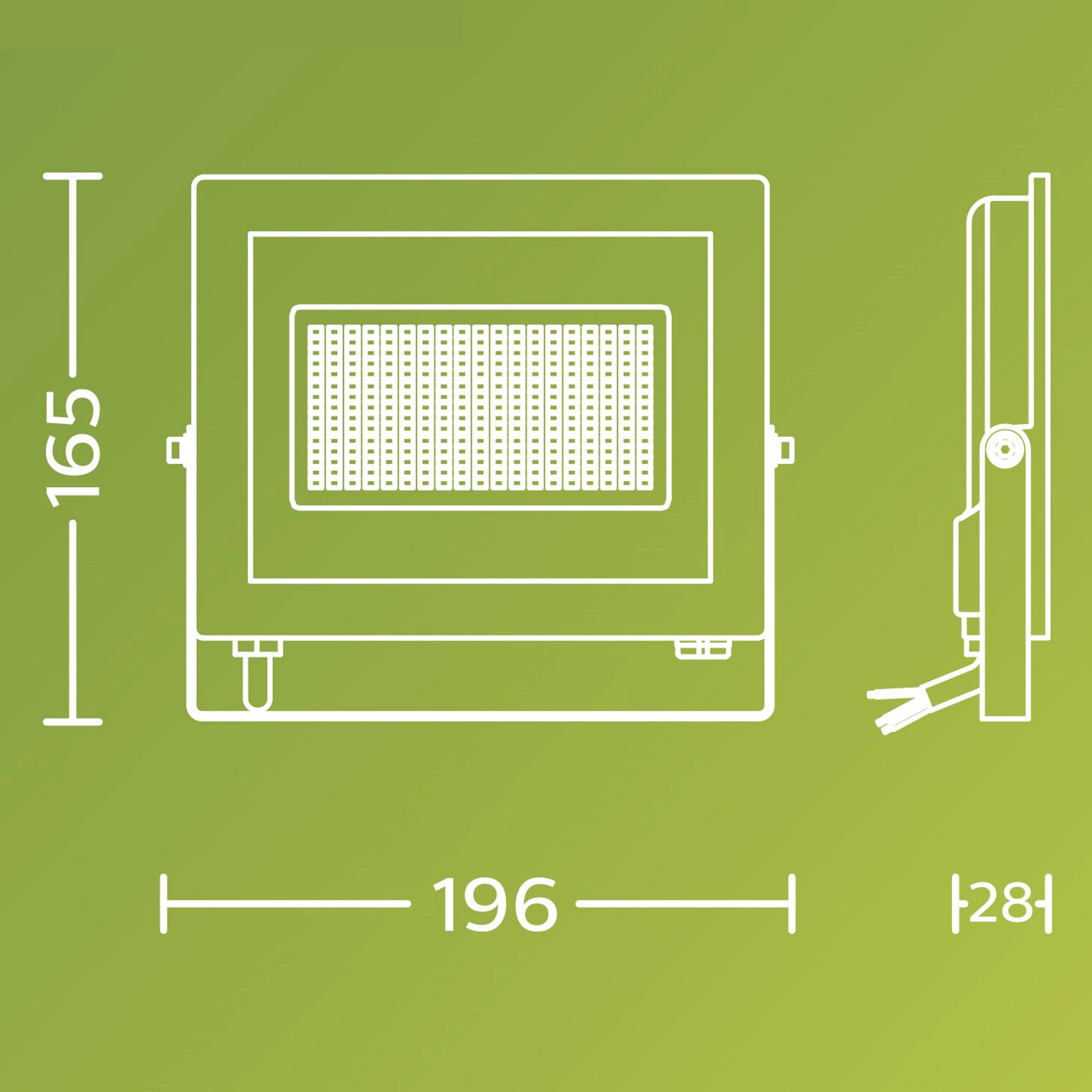 LED-Flutlicht mit Abmessungen: Höhe 165 mm, Breite 196 mm, Tiefe 28 mm. Seitenansicht zeigt verstellbaren Halterungsarm.