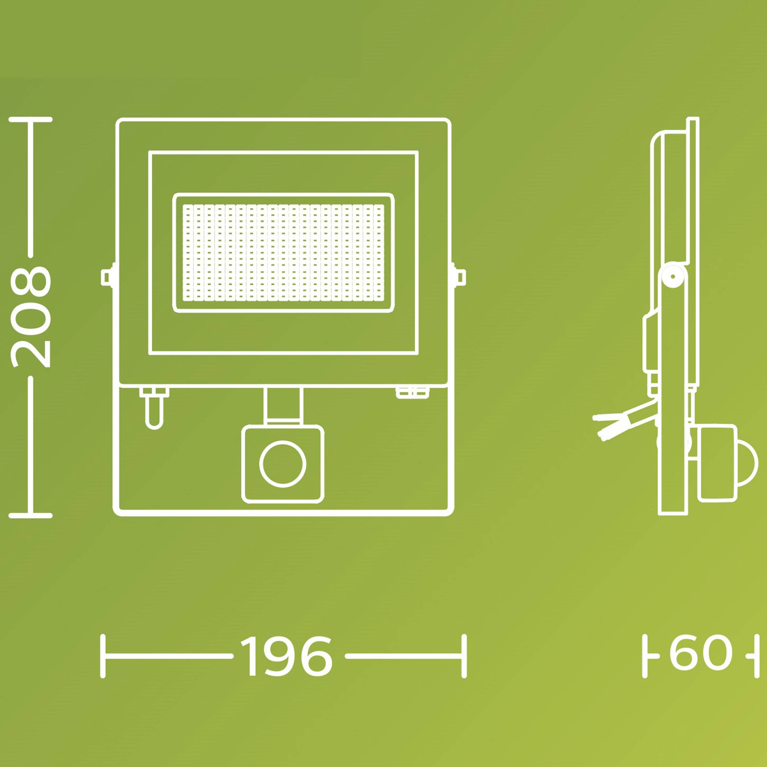 LED-Flutlicht mit den Maßen: Breite 196 mm, Höhe 208 mm. Seitenansicht zeigt Seitenlänge 60 mm. Darstellung auf grünem Hintergrund.