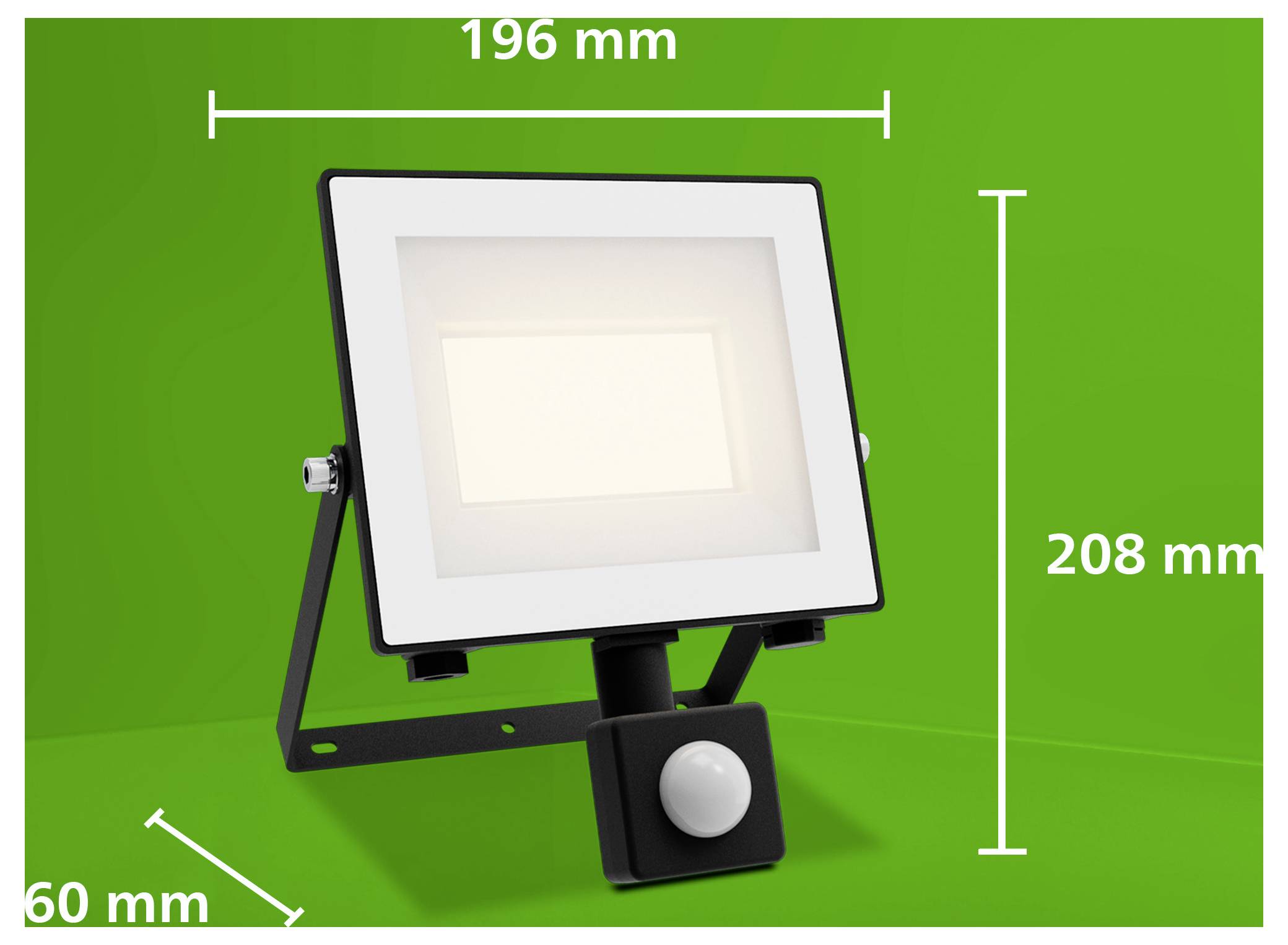 Produktdiagramm eines Bewegungsmelder-Flutlichts mit Abmessungen: 196 mm Breite, 208 mm Höhe und 60 mm Tiefe.