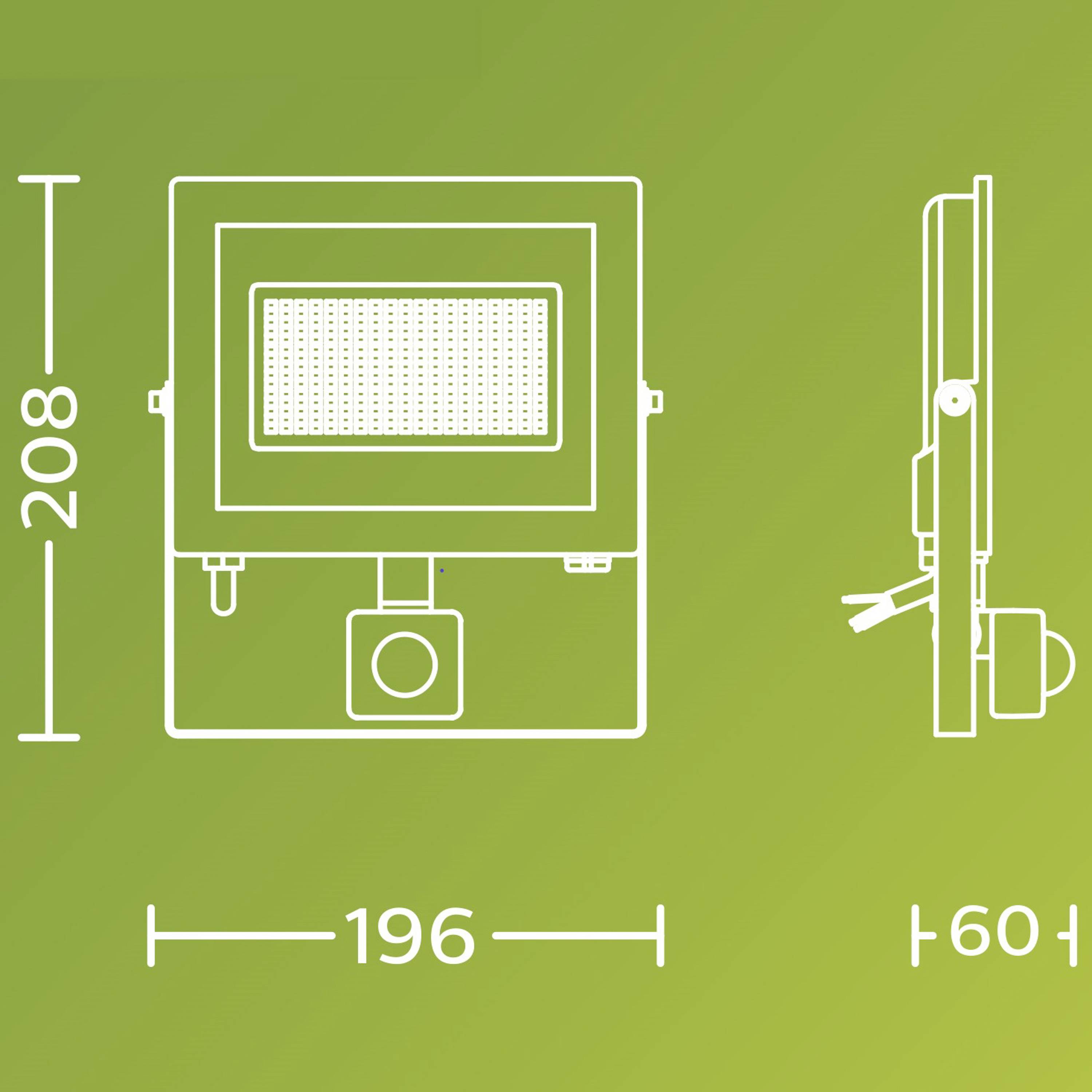 Abmessungen eines rechteckigen Flutlichts: 208 mm hoch, 196 mm breit, 60 mm tief. Zeigt Vorder- und Seitenansicht.